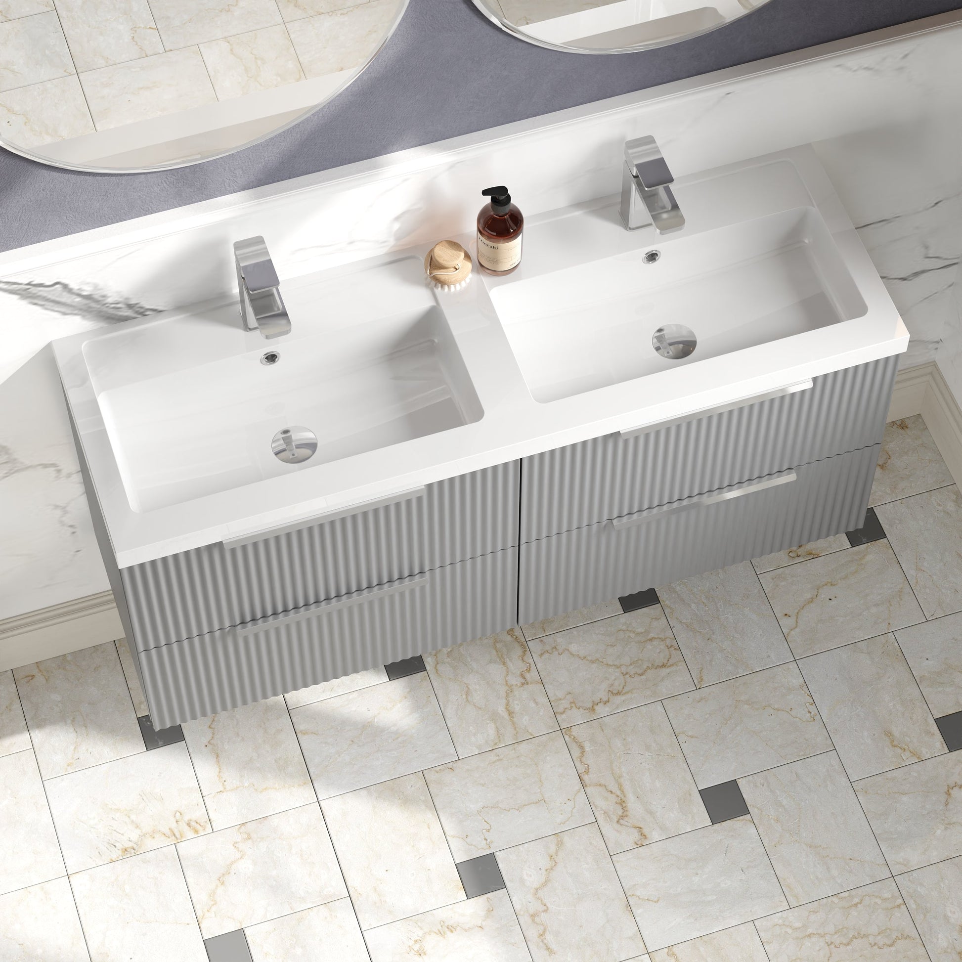 Hudson Reed Fluted 1205mm Satin Grey Wall Hung 4-Drawer Vanity Unit with Double Basin, Pre-Assembled