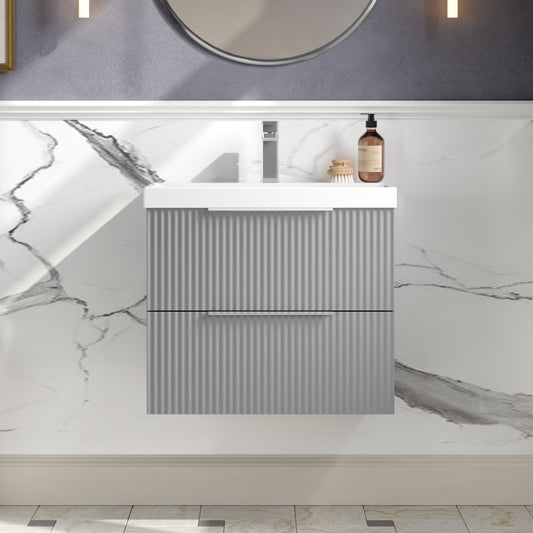 Hudson Reed Fluted 600mm Satin Grey Wall Hung 2-Drawer Vanity Unit With Ceramic Basin