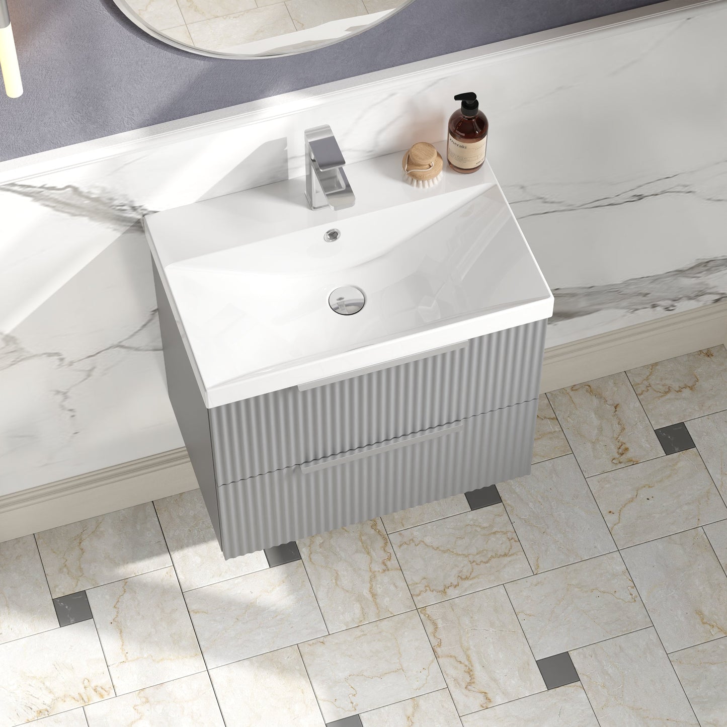 Hudson Reed Fluted 600mm Satin Grey Wall Hung 2-Drawer Vanity Unit With Ceramic Basin