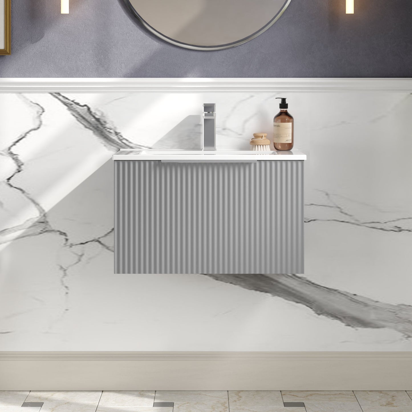 Hudson Reed Fluted 600mm Satin Grey Wall Hung Single Drawer Vanity Unit With Basin