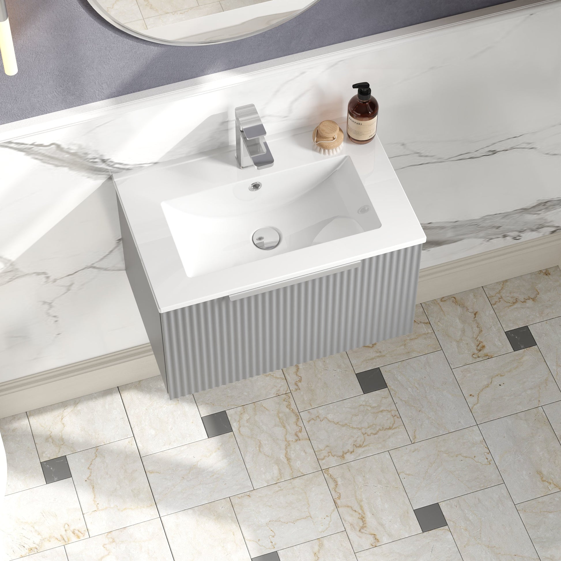 Hudson Reed Fluted 600mm Satin Grey Wall Hung Single Drawer Vanity Unit With Basin