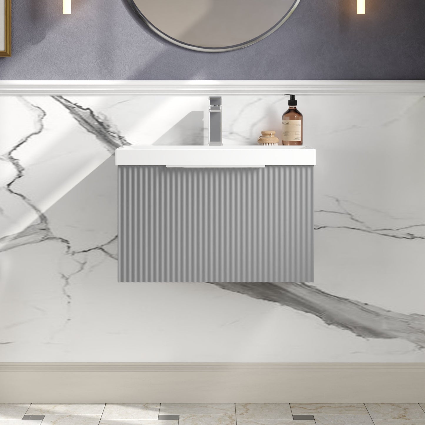 Hudson Reed Fluted 600mm Satin Grey Wall Hung Single Drawer Vanity Unit With Basin