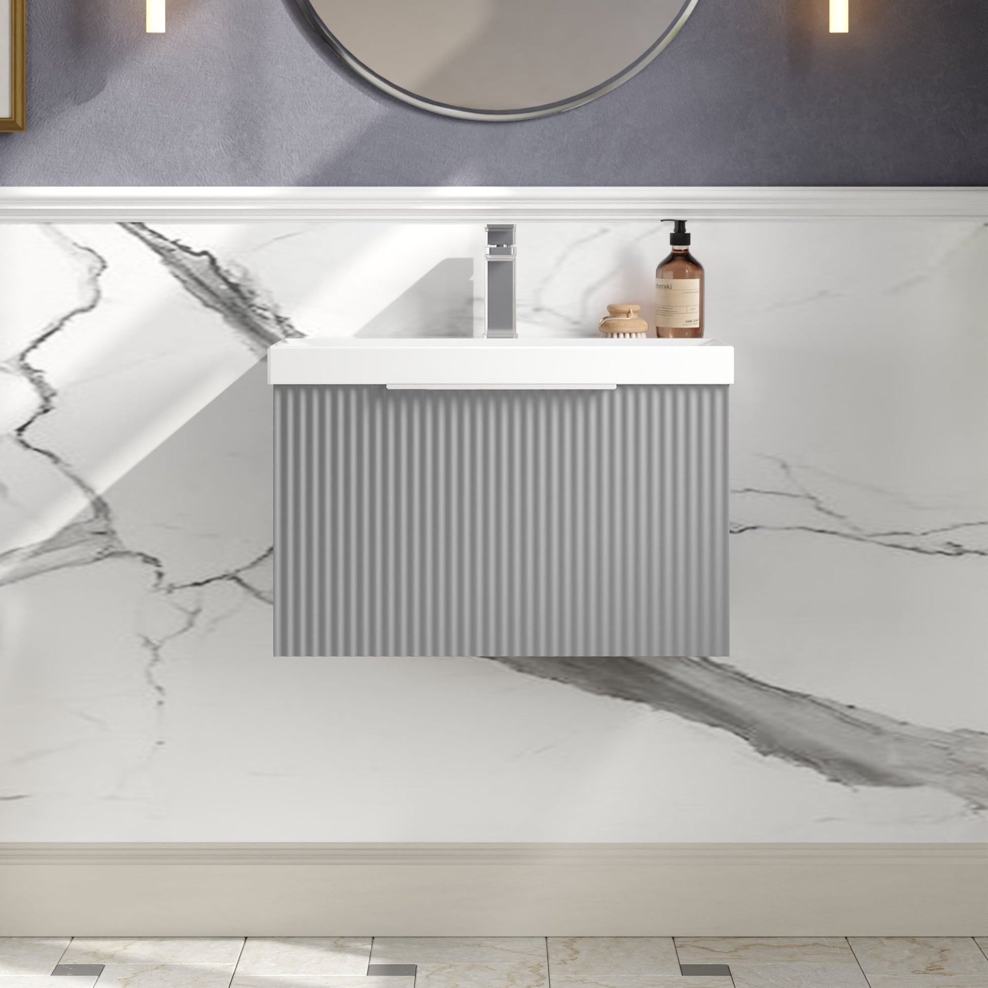 Hudson Reed Fluted 600mm Satin Grey Wall Hung Single Drawer Vanity Unit With Basin