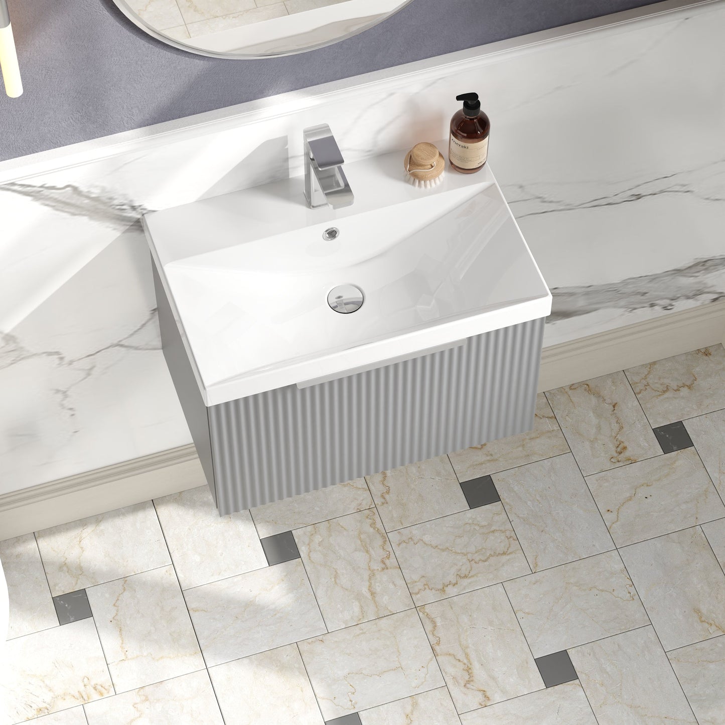 Hudson Reed Fluted 600mm Satin Grey Wall Hung Single Drawer Vanity Unit With Basin