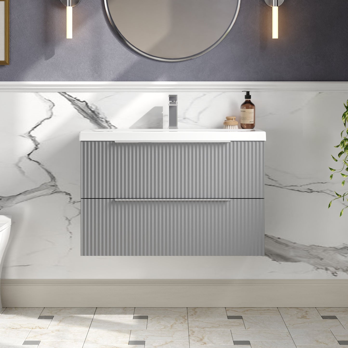 Hudson Reed Fluted 800mm Satin Grey Wall Hung 2-Drawer Vanity Unit Including Basin