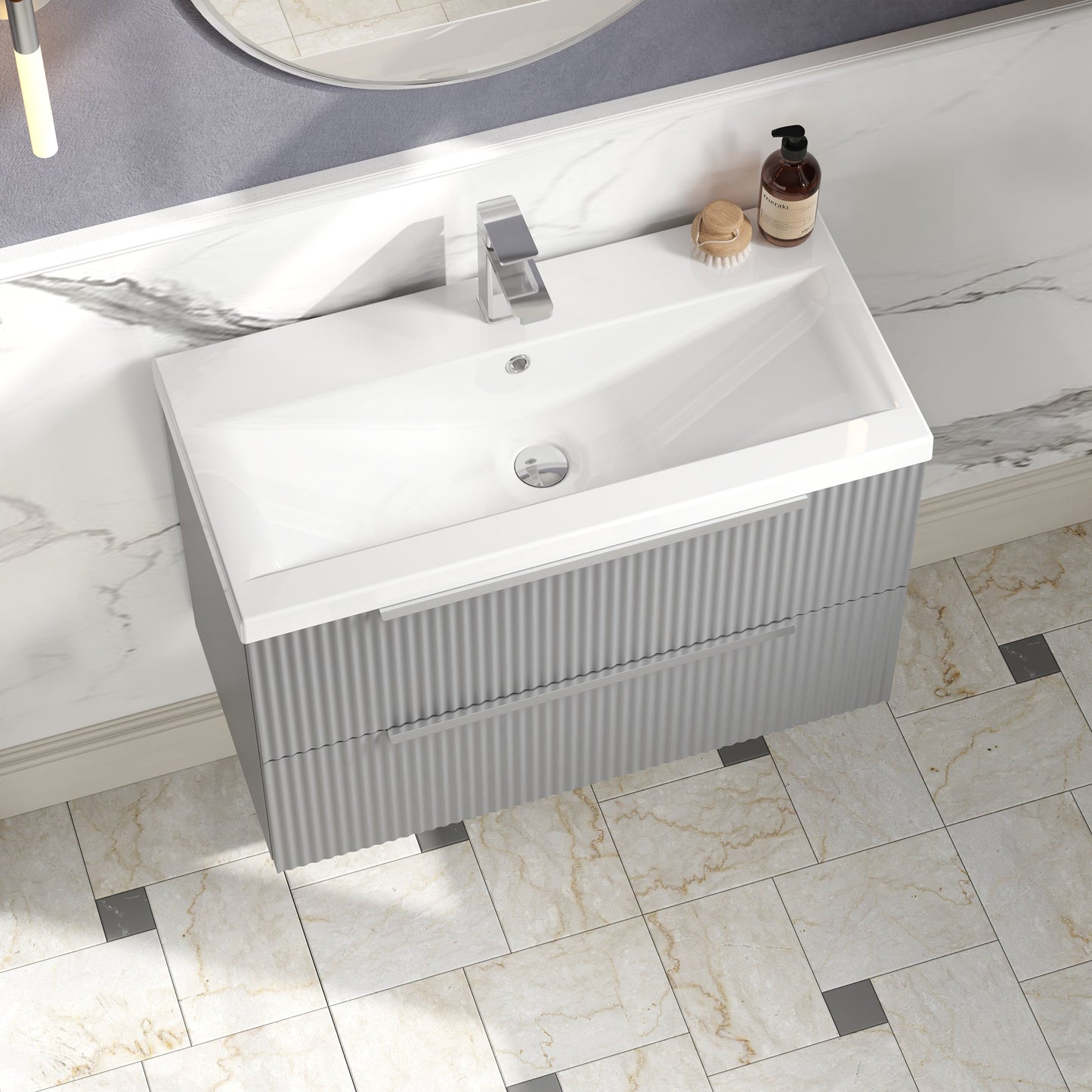 Hudson Reed Fluted 800mm Satin Grey Wall Hung 2-Drawer Vanity Unit Including Basin