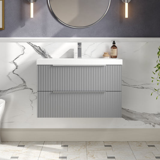 Hudson Reed Fluted 800mm Satin Grey Wall Hung 2-Drawer Vanity Unit With Basin