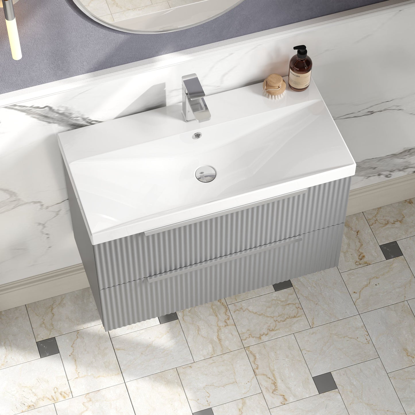 Hudson Reed Fluted 800mm Satin Grey Wall Hung 2-Drawer Vanity Unit With Basin