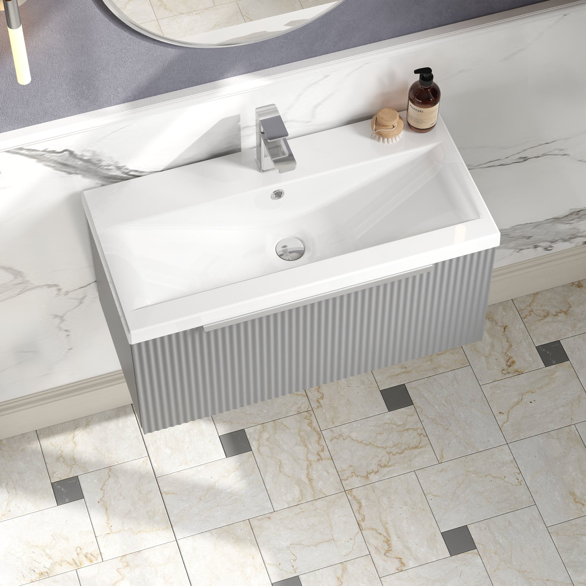 Hudson Reed Fluted 800mm Wall Hung Single Drawer Vanity Unit With Basin