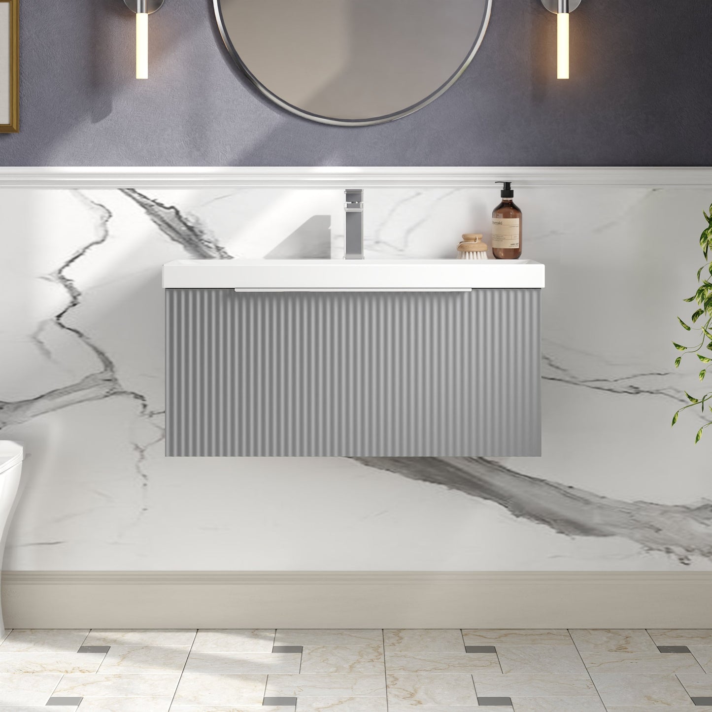 Hudson Reed Fluted 810mm Wall Hung Single Drawer Vanity Unit With Basin