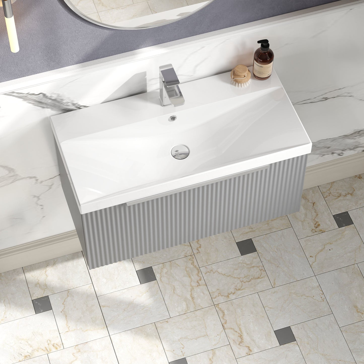 Hudson Reed Fluted 810mm Wall Hung Single Drawer Vanity Unit With Basin