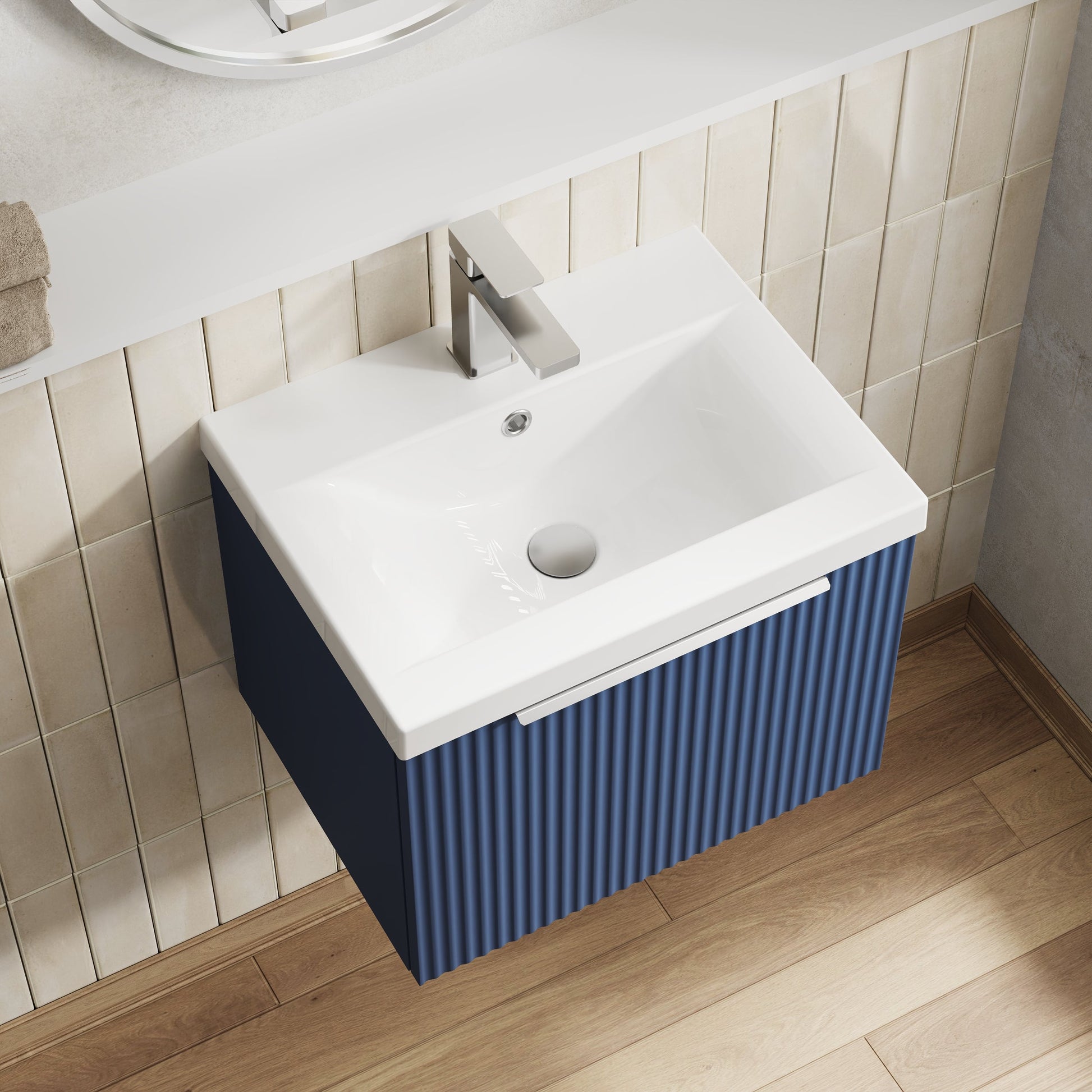 Hudson Reed Fluted 500mm Satin Blue Wall Hung Single Drawer Vanity Unit With Basin