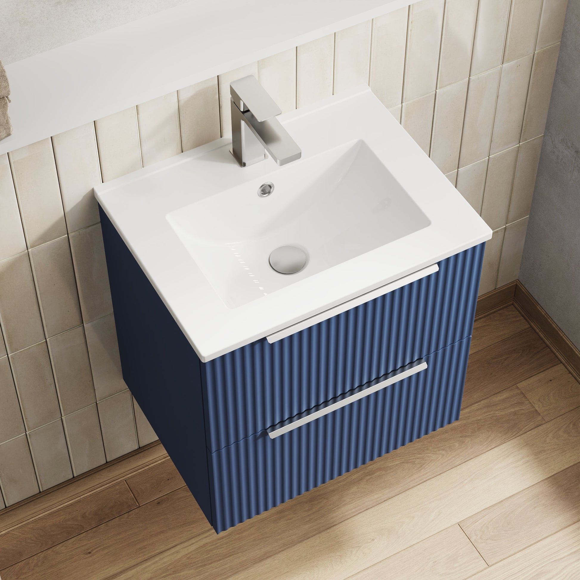Hudson Reed Fluted 500mm Satin Blue Wall Hung 2-Drawer Vanity Unit With Basin