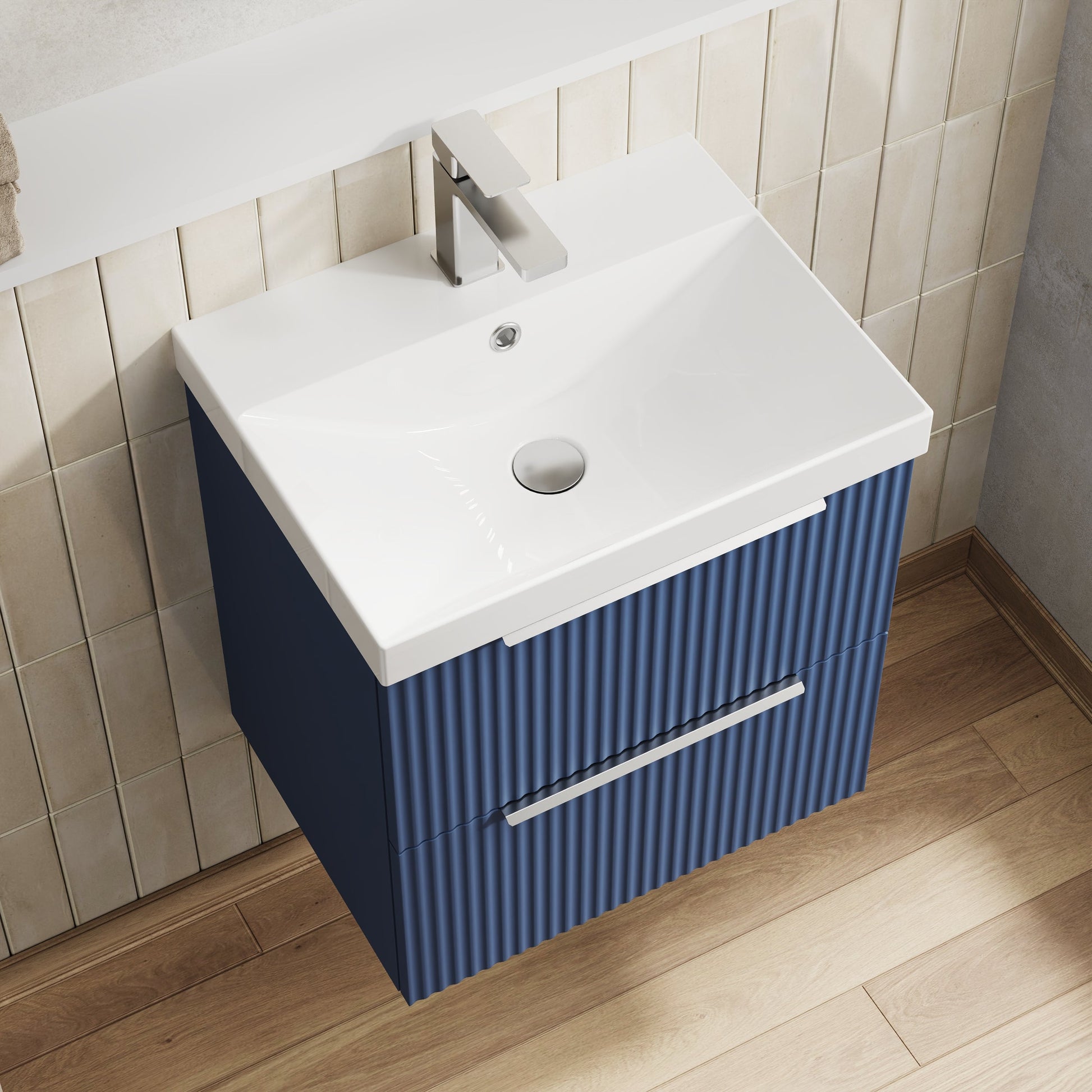 Hudson Reed Fluted 500mm Satin Blue Wall Hung 2-Drawer Vanity Unit with Basin