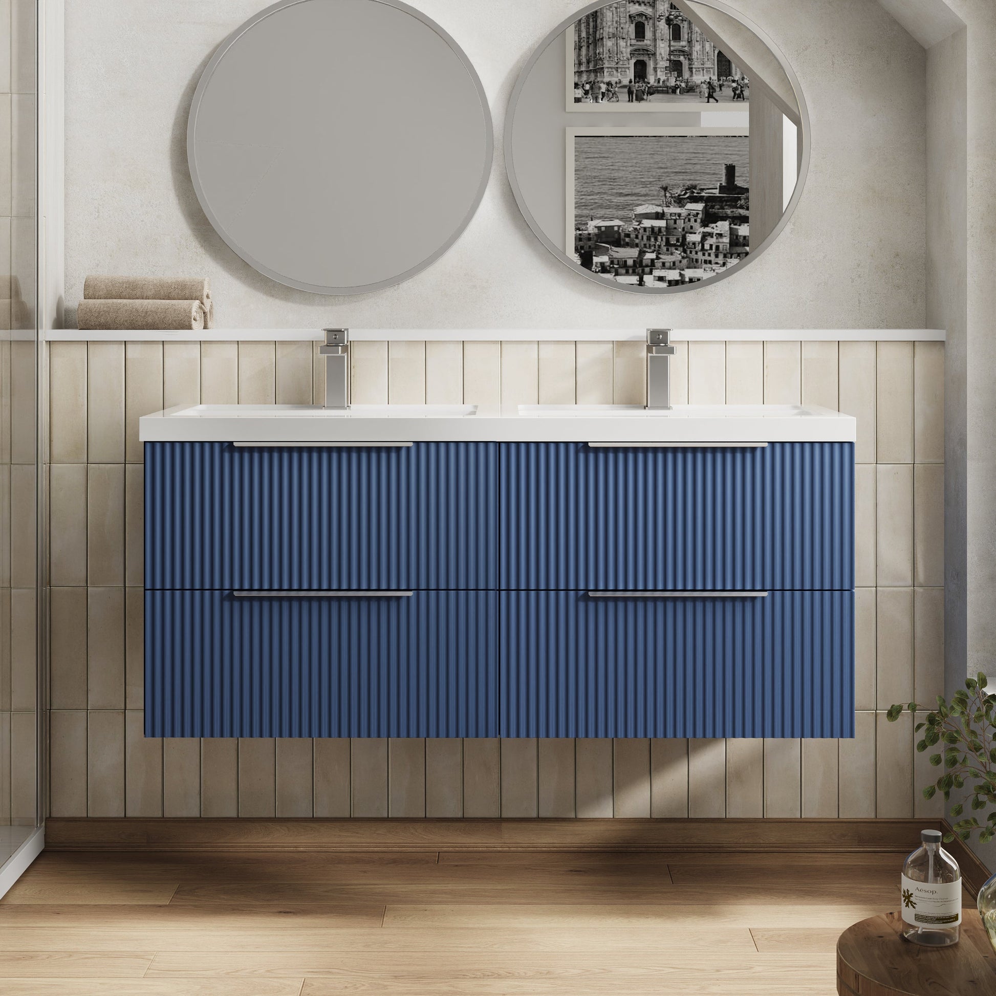 Hudson Reed Fluted 1200mm Wall Hung 4-Drawer Vanity Unit with Double Basin