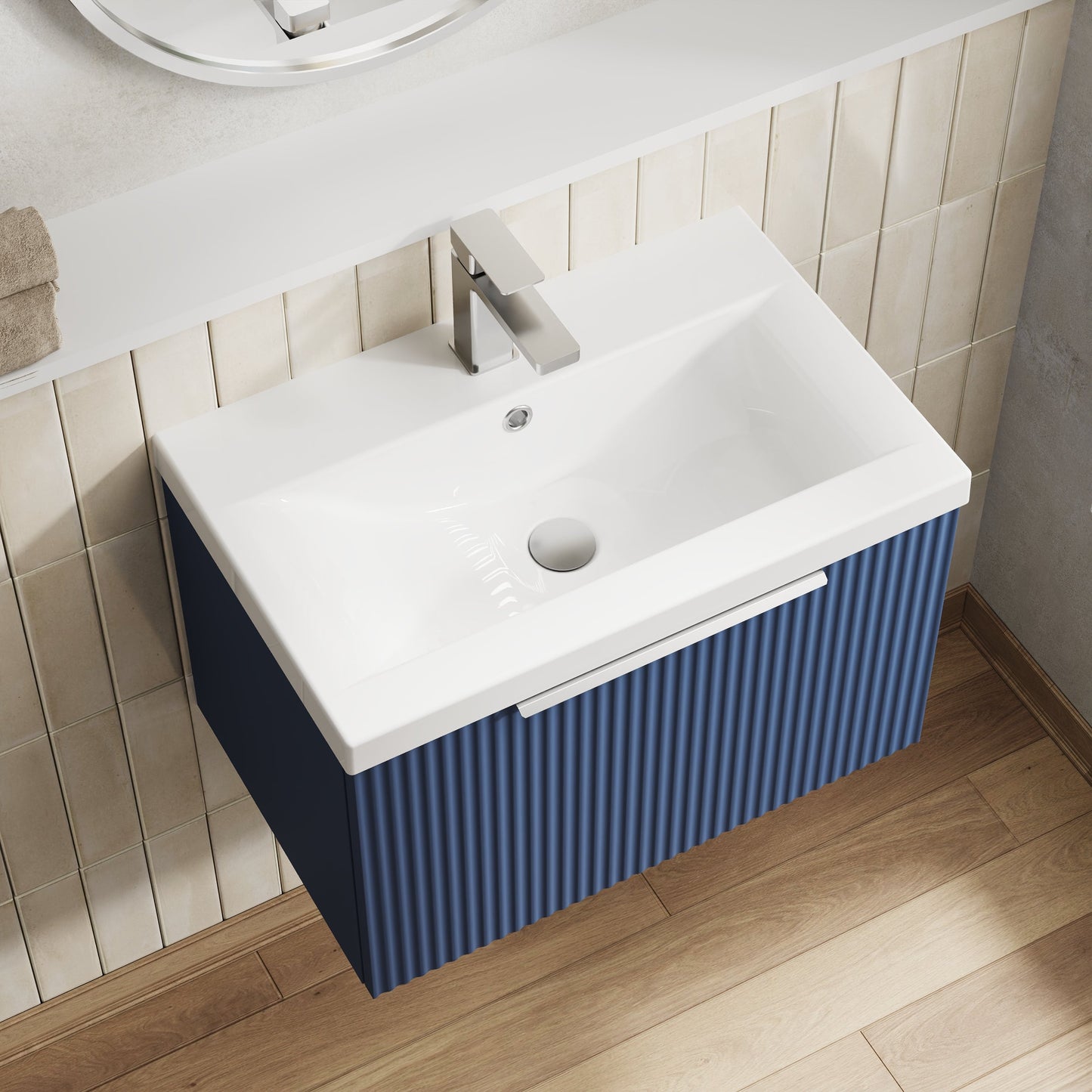 Hudson Reed Fluted Satin Blue 600mm Wall Hung Single Drawer Vanity Unit With Basin