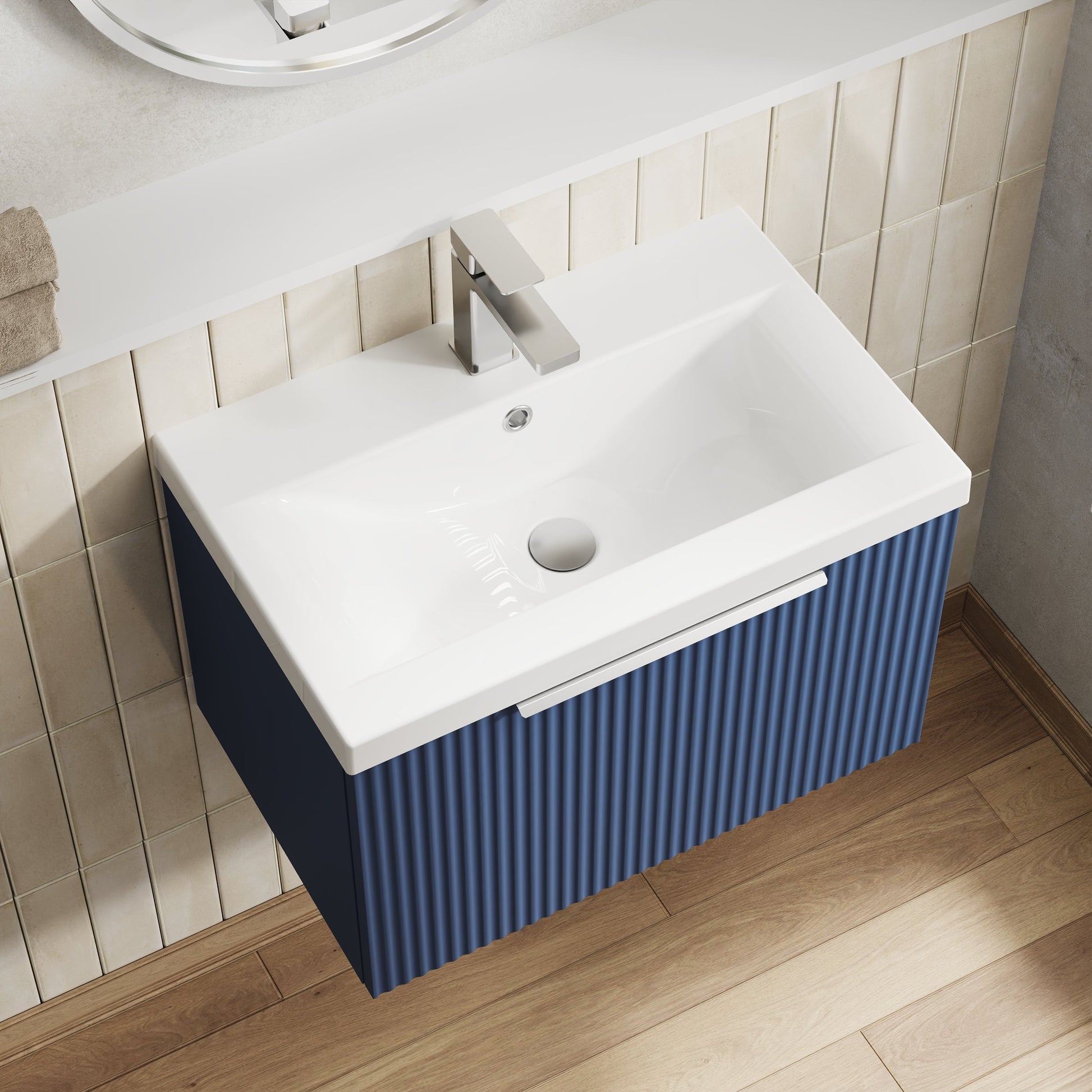 Hudson Reed Fluted Satin Blue 600mm Wall Hung Single Drawer Vanity Unit With Basin