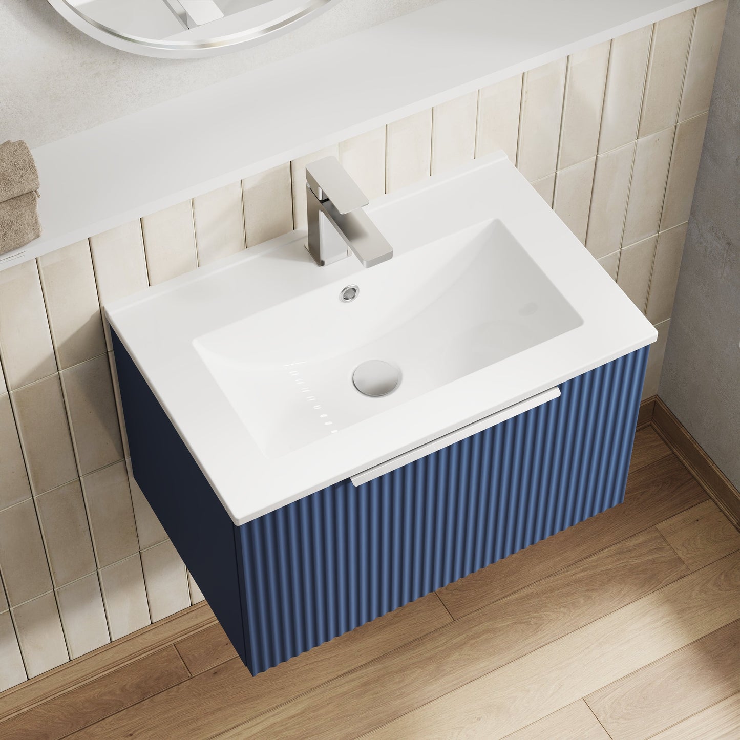 Hudson Reed Fluted 600mm Satin Blue Wall Hung Single Drawer Vanity Unit With Basin