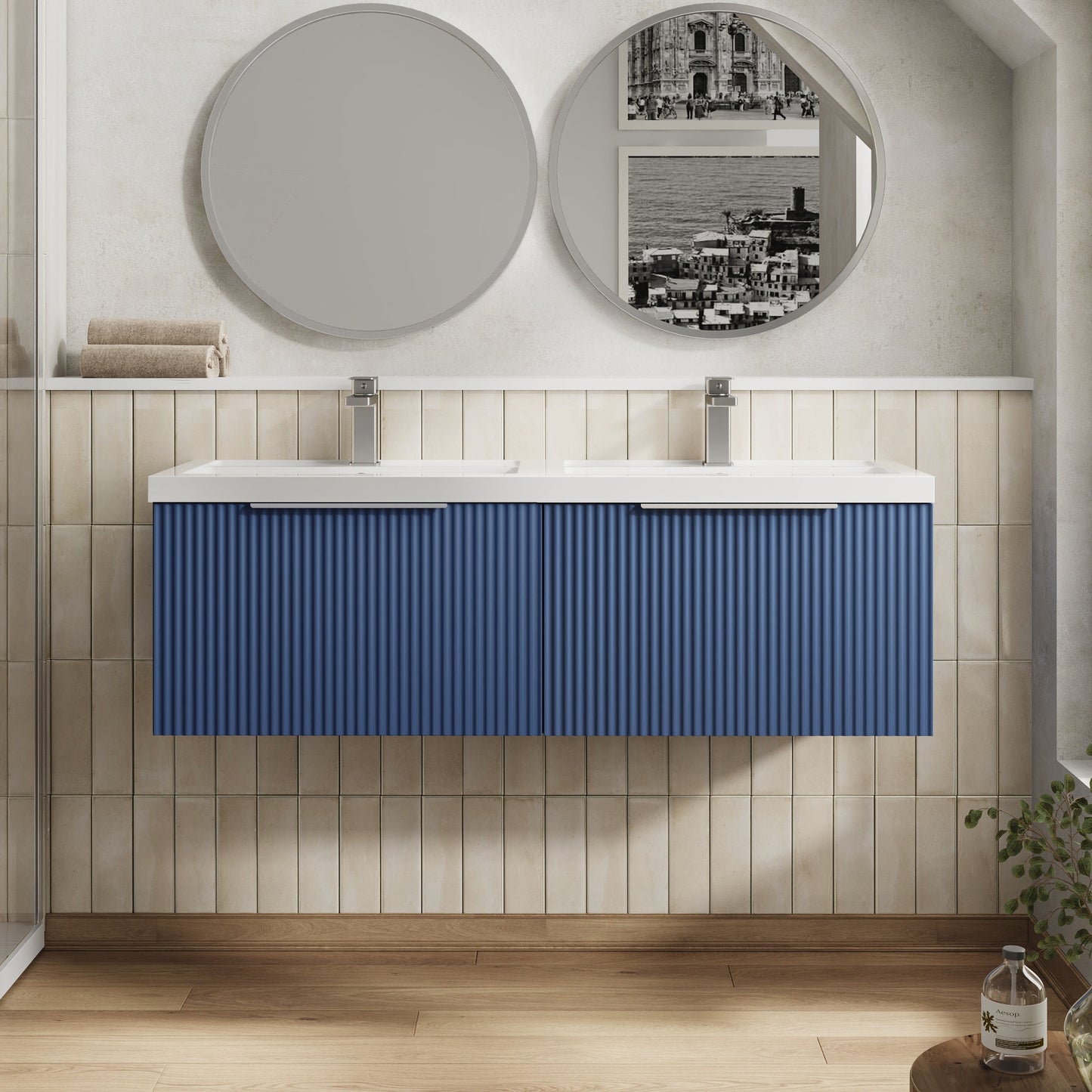 Hudson Reed Fluted 1200mm Satin Blue Wall Hung 2-Drawer Vanity Unit with Polymarble Double Basin