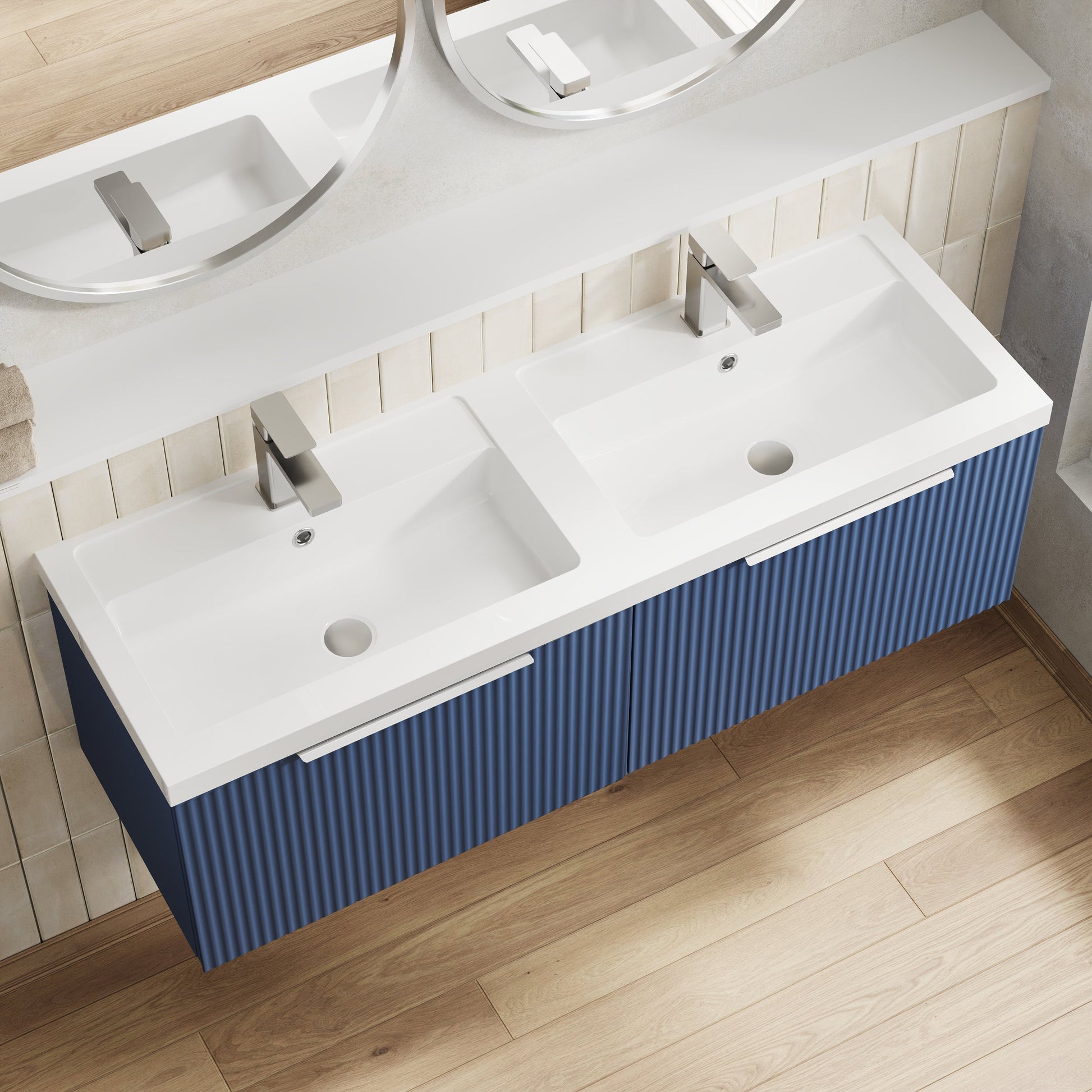 Hudson Reed Fluted 1200mm Satin Blue Wall Hung 2-Drawer Vanity Unit with Polymarble Double Basin