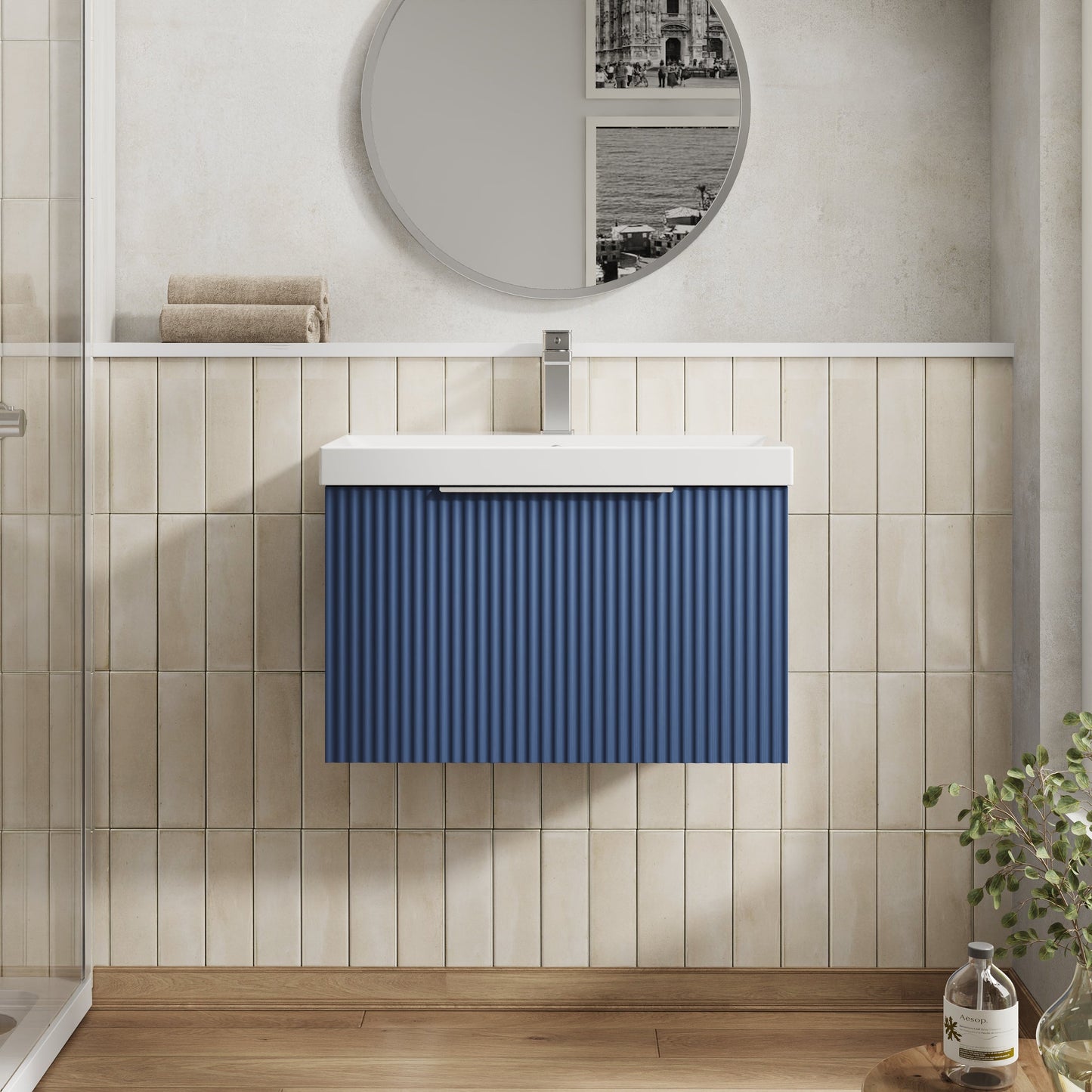 Hudson Reed Fluted 600mm Wall Hung Single Drawer Vanity and Thin-Edge Basin