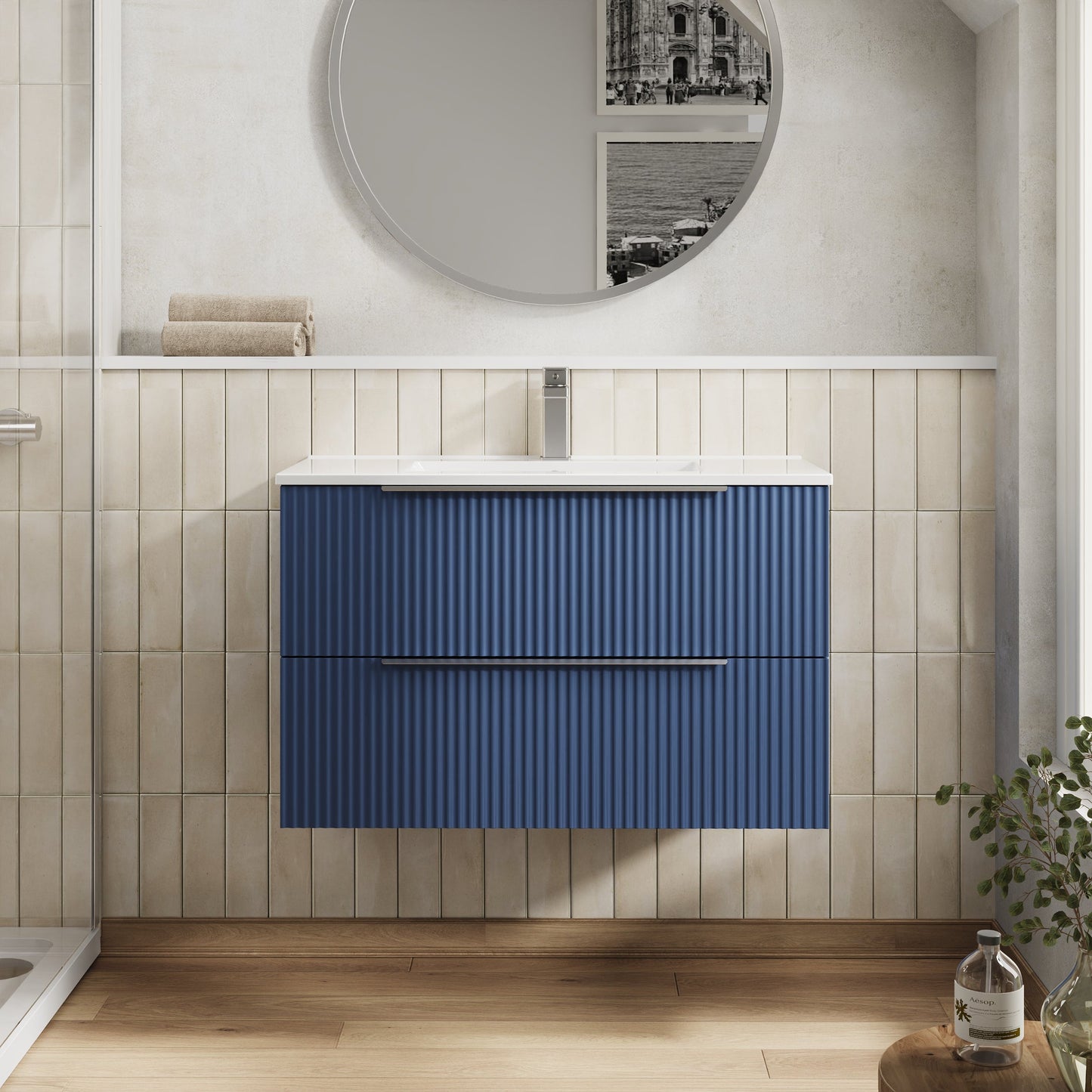 Hudson Reed Fluted 800mm Satin Blue Wall Hung 2-Drawer Vanity Unit With Basin