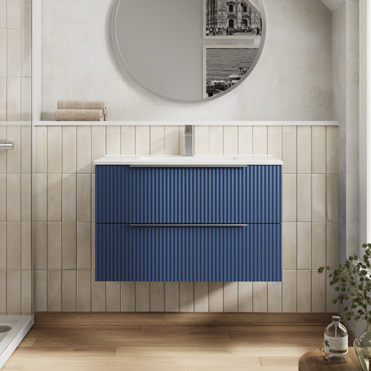 Hudson Reed Fluted 800mm Satin Blue Wall Hung 2-Drawer Vanity Unit With Basin