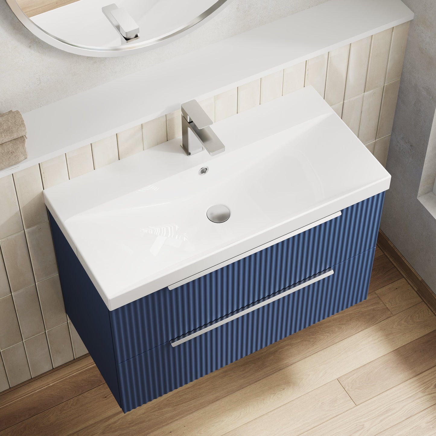 Hudson Reed Fluted 800mm Satin Blue Wall Hung 2-Drawer Vanity With Ceramic Basin