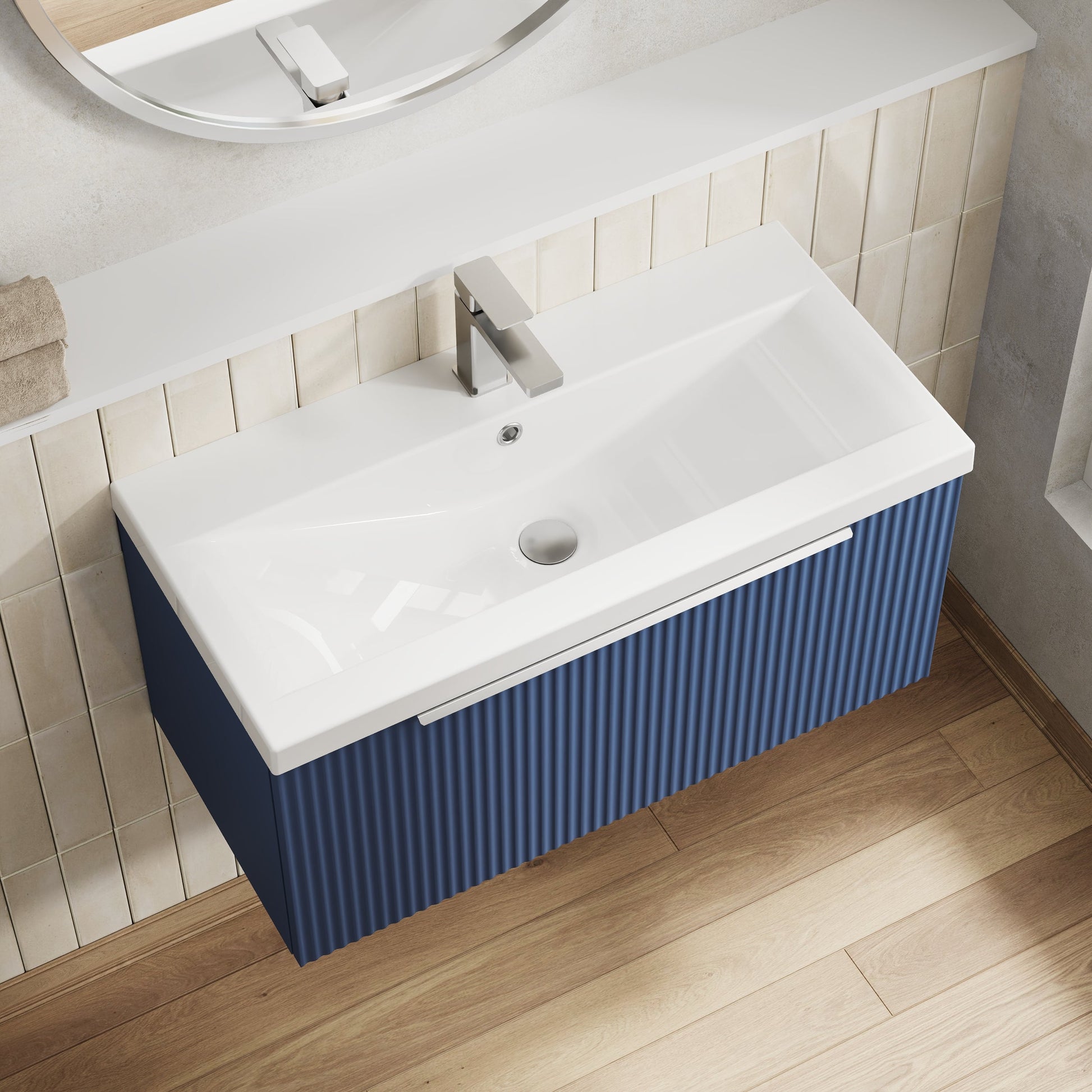 Hudson Reed Fluted 800mm Satin Blue Wall Hung Single Drawer Vanity Unit with Mid-Edge Basin
