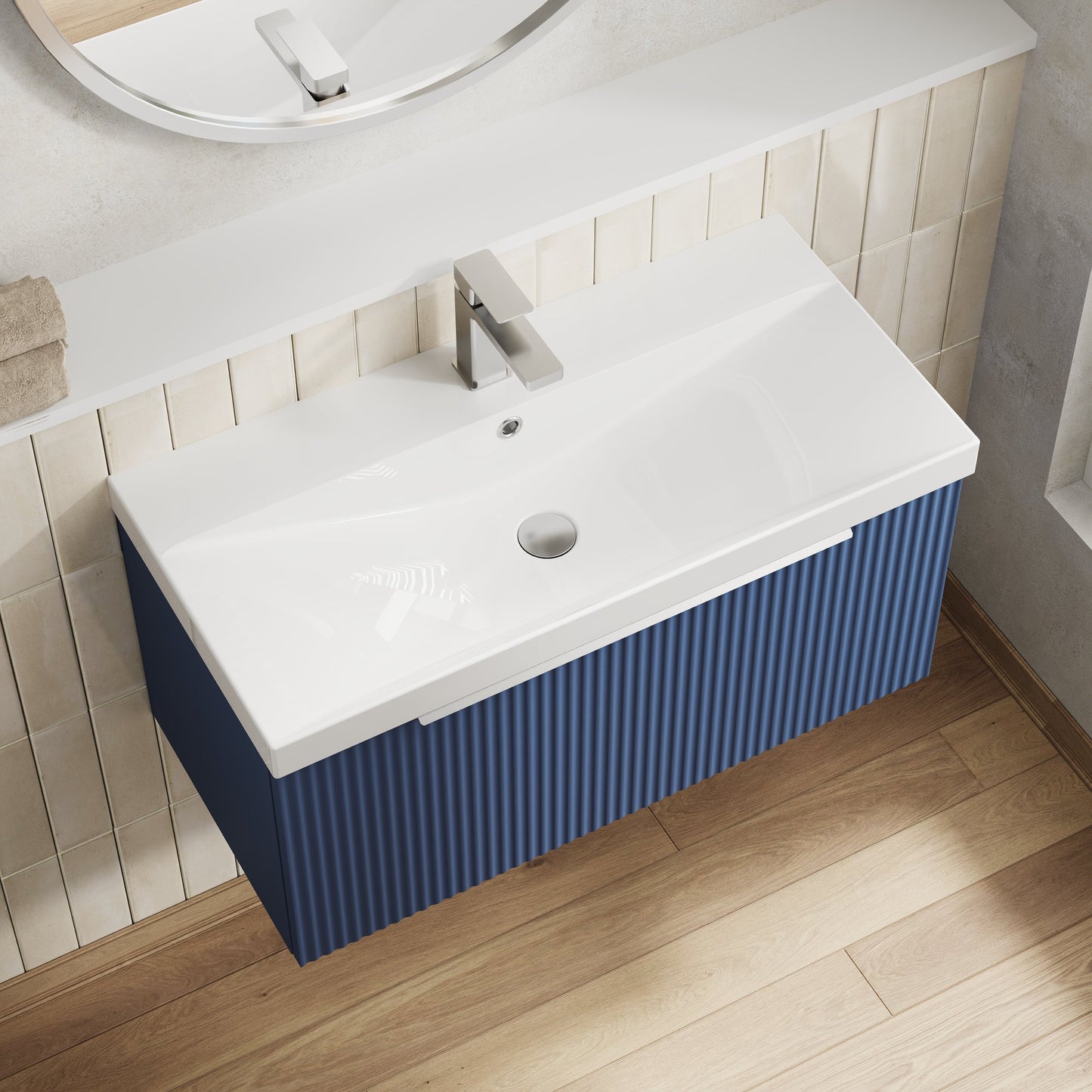 Hudson Reed Fluted 800mm Satin Blue Wall Hung Single Drawer Vanity Unit with Basin