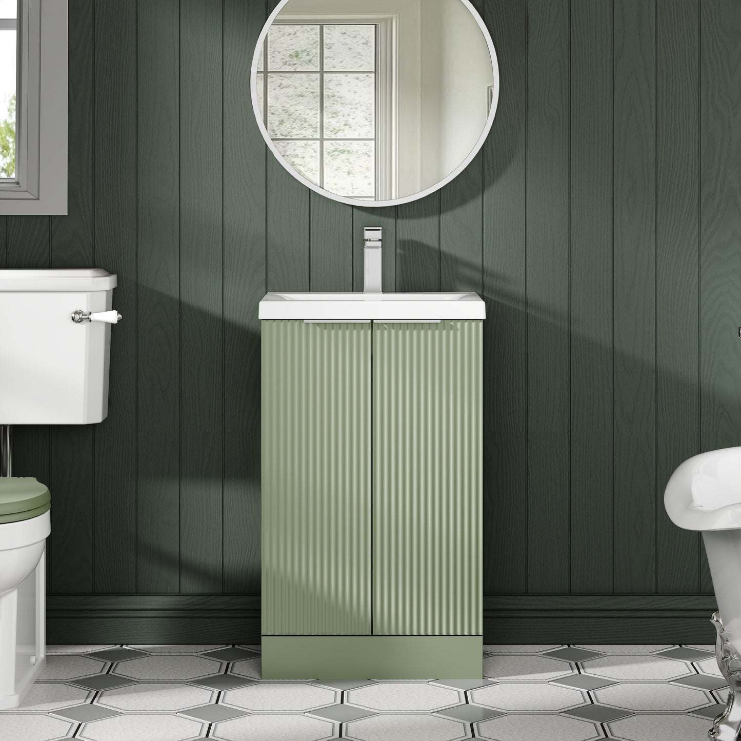 Hudson Reed Fluted 500mm Satin Green Floor Standing 2-Door Vanity Unit With Basin