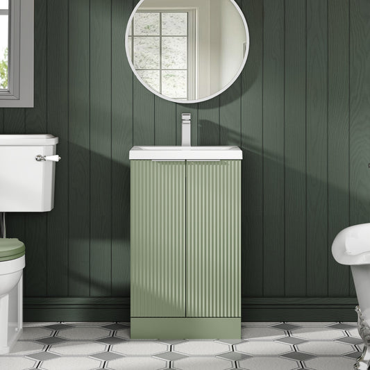 Hudson Reed Fluted 500mm Satin Green Floor Standing 2-Door Vanity Unit With Basin