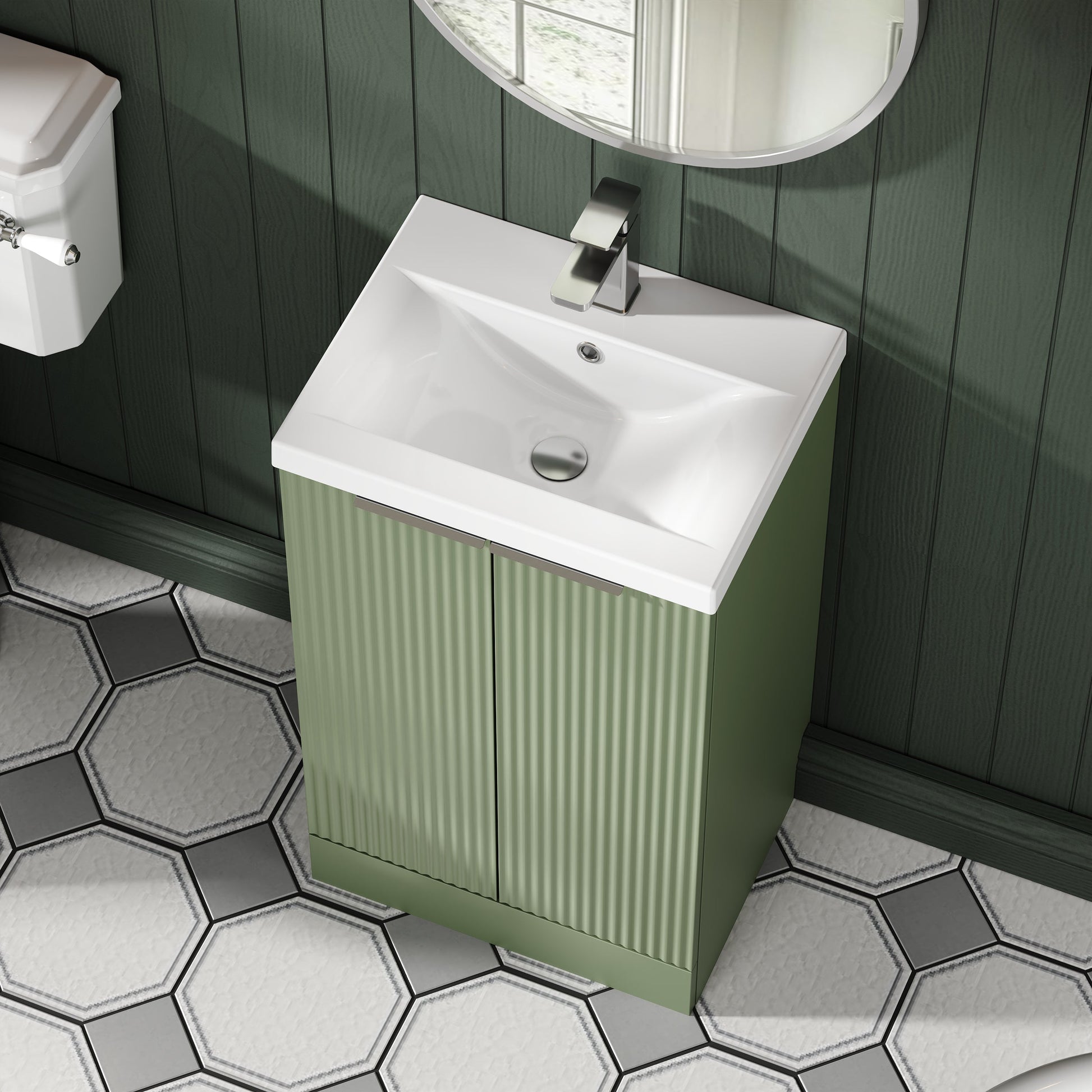 Hudson Reed Fluted 500mm Satin Green Floor Standing 2-Door Vanity Unit With Basin