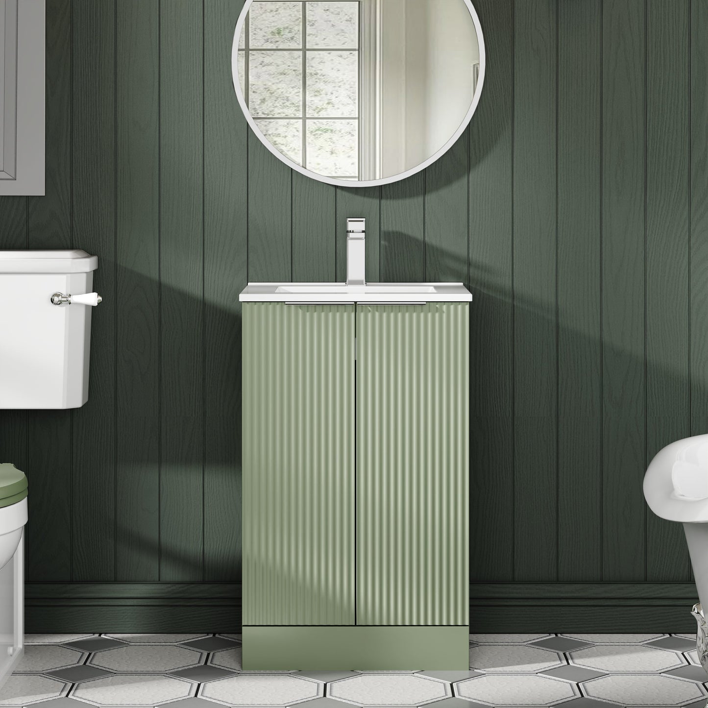 Hudson Reed Fluted 500mm Satin Green Floor Standing 2-Door Vanity Unit With Basin
