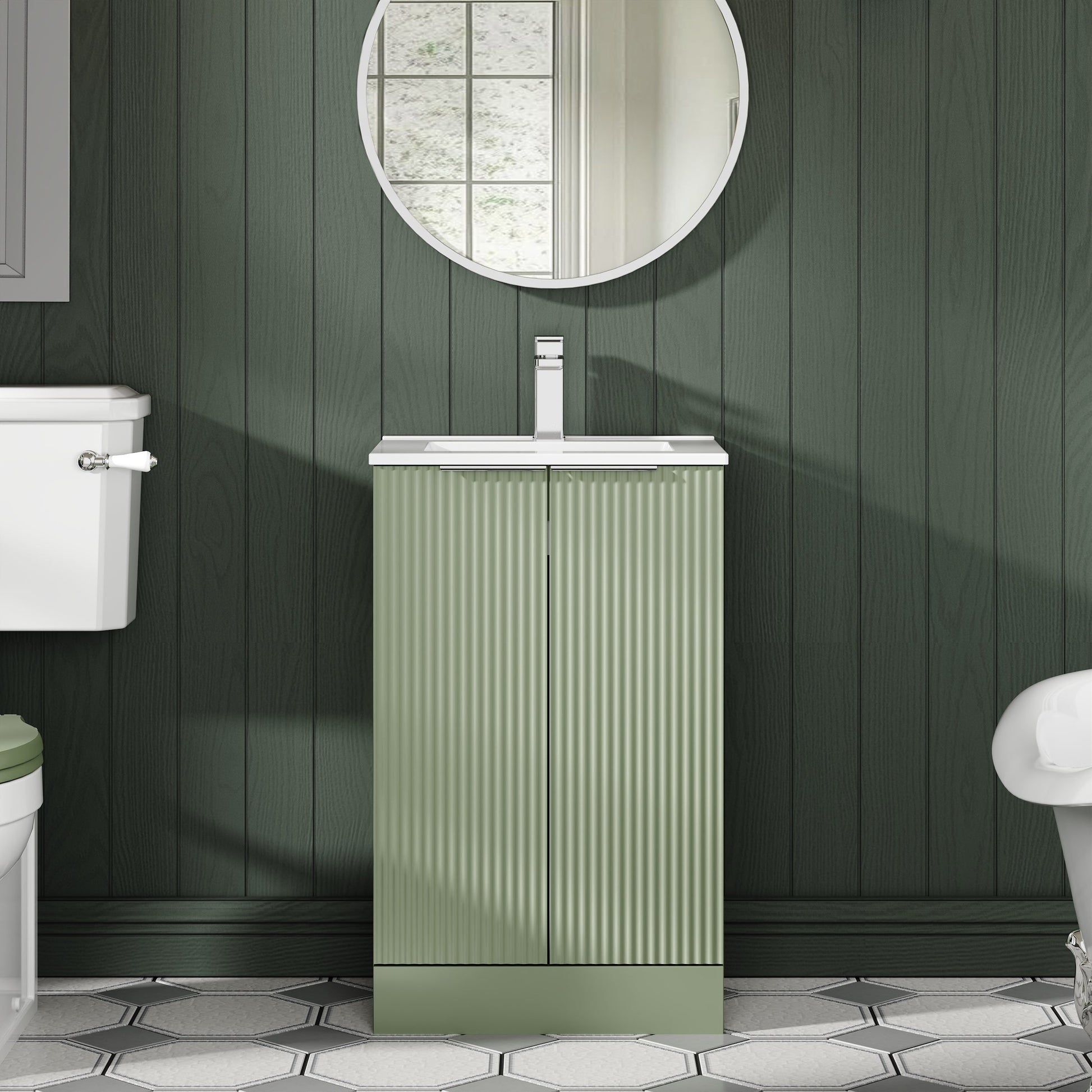 Hudson Reed Fluted 500mm Satin Green Floor Standing 2-Door Vanity Unit With Basin