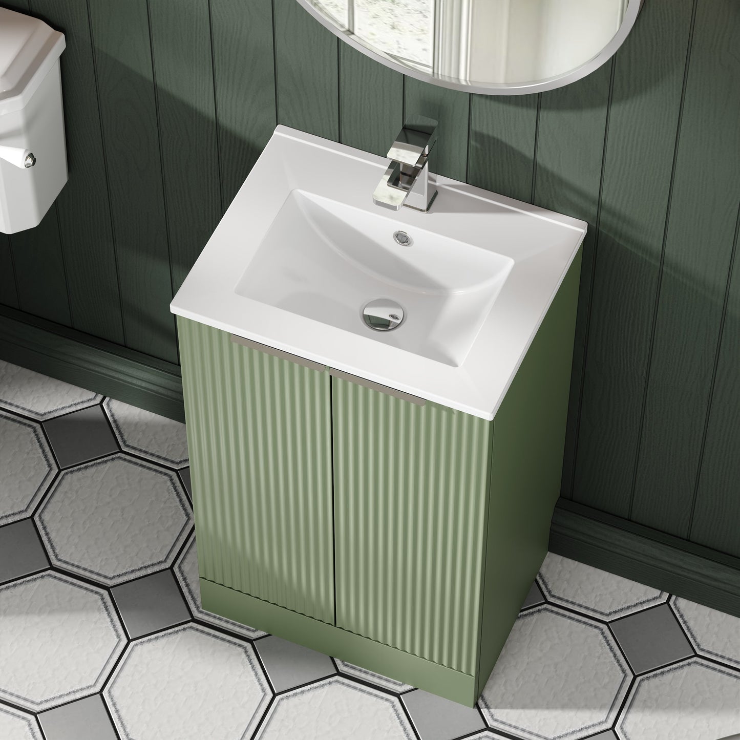 Hudson Reed Fluted 500mm Satin Green Floor Standing 2-Door Vanity Unit With Basin