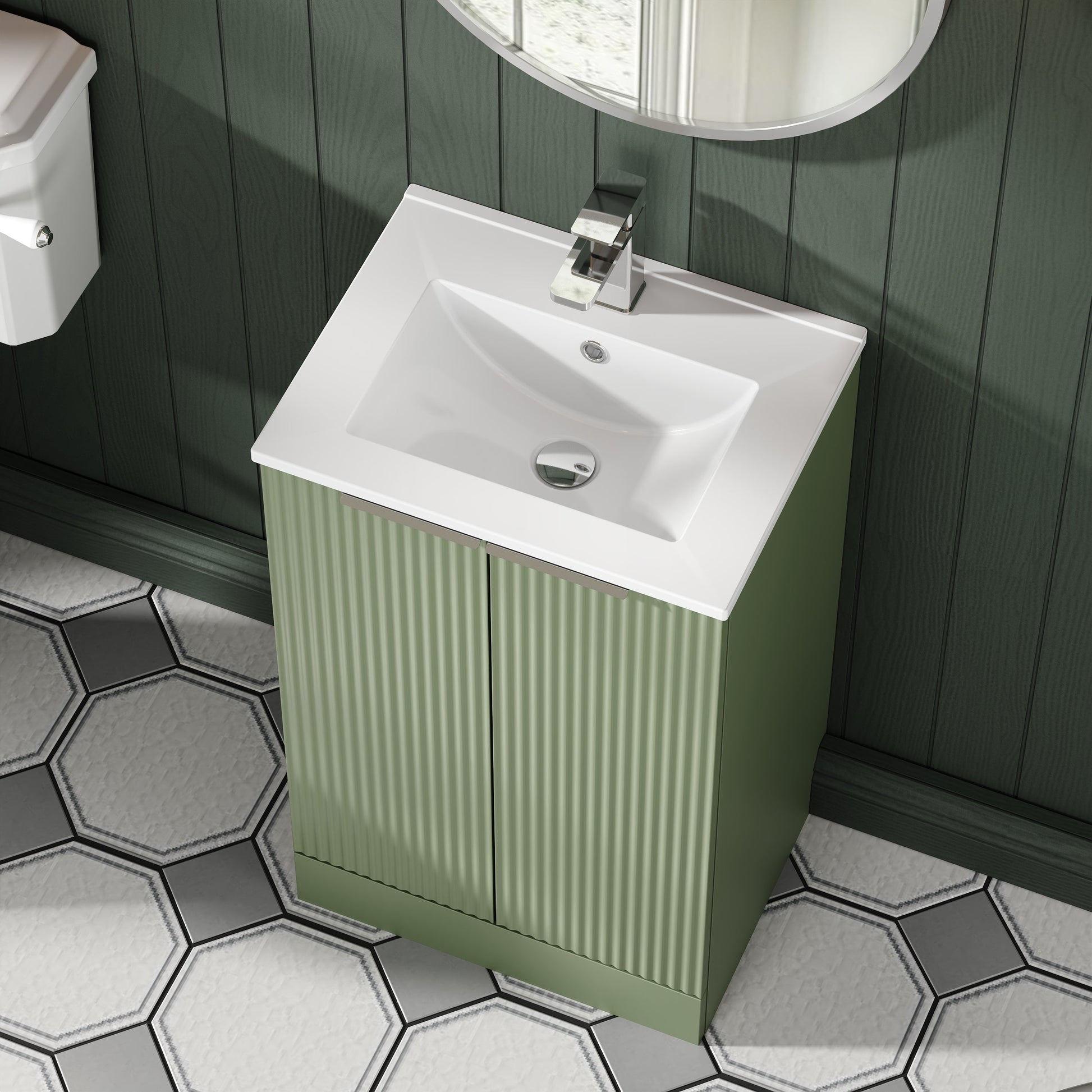Hudson Reed Fluted 500mm Satin Green Floor Standing 2-Door Vanity Unit With Basin