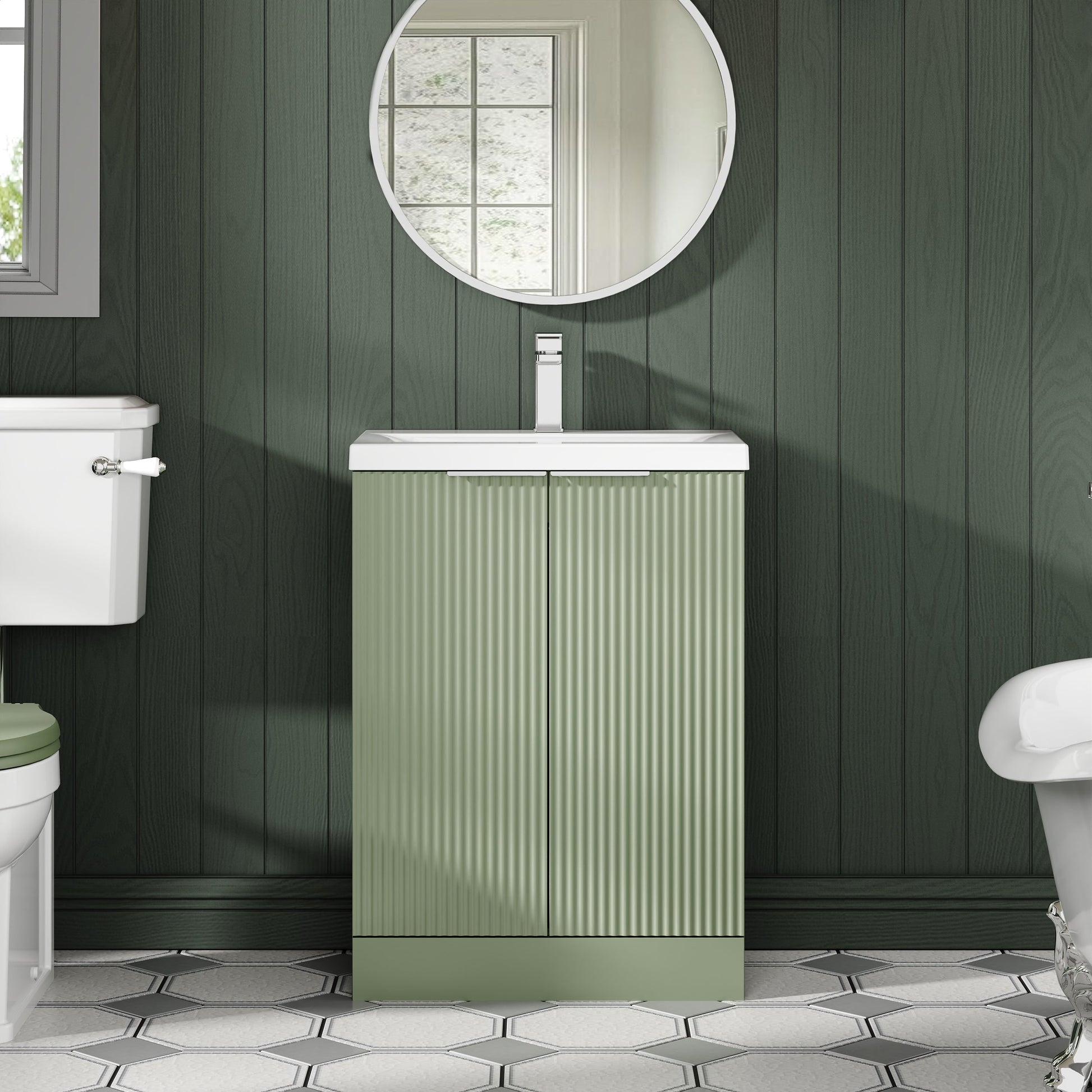Hudson Reed Fluted 600mm Satin Green Floor Standing 2-Door Vanity Unit with Basin
