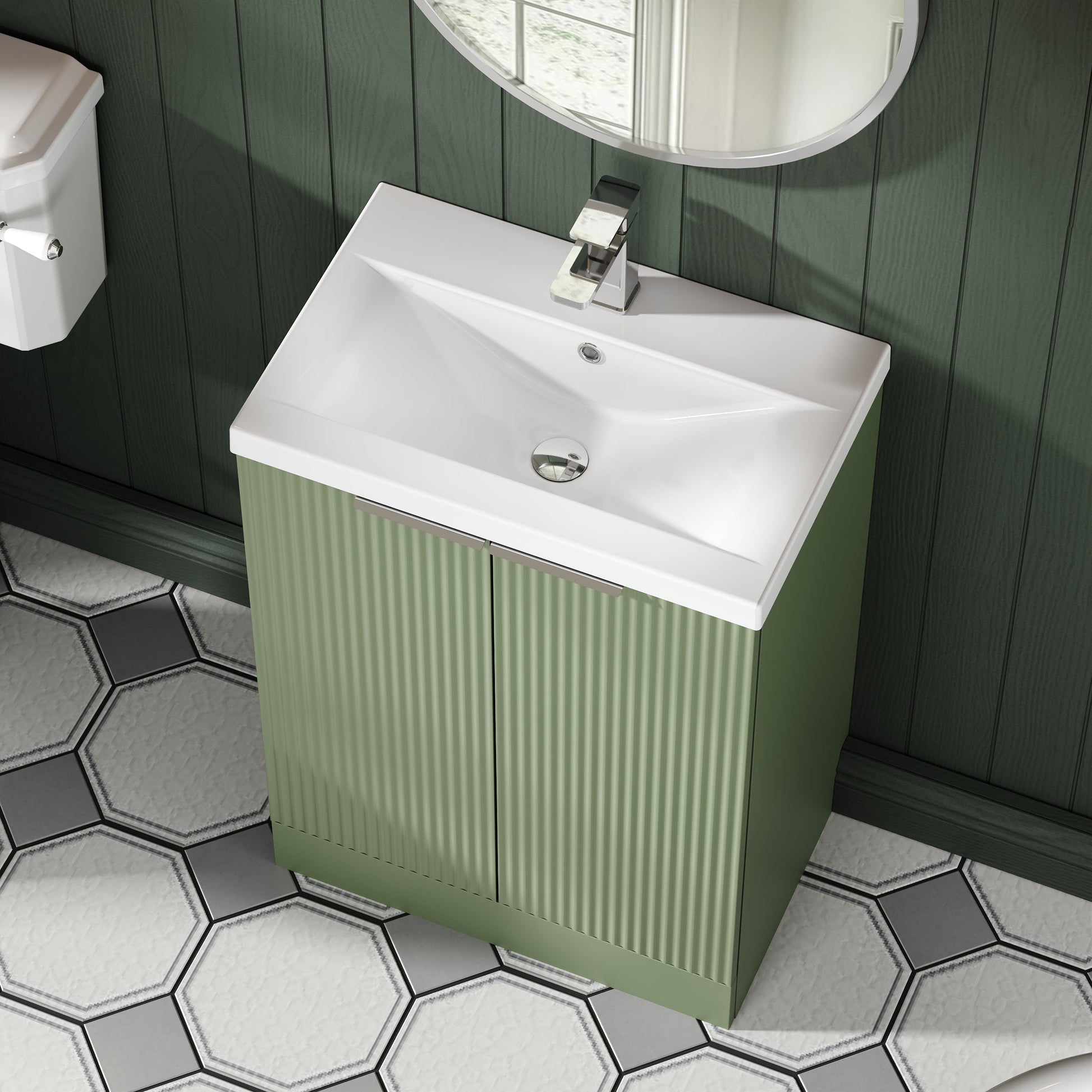 Hudson Reed Fluted 600mm Satin Green Floor Standing 2-Door Vanity Unit with Basin