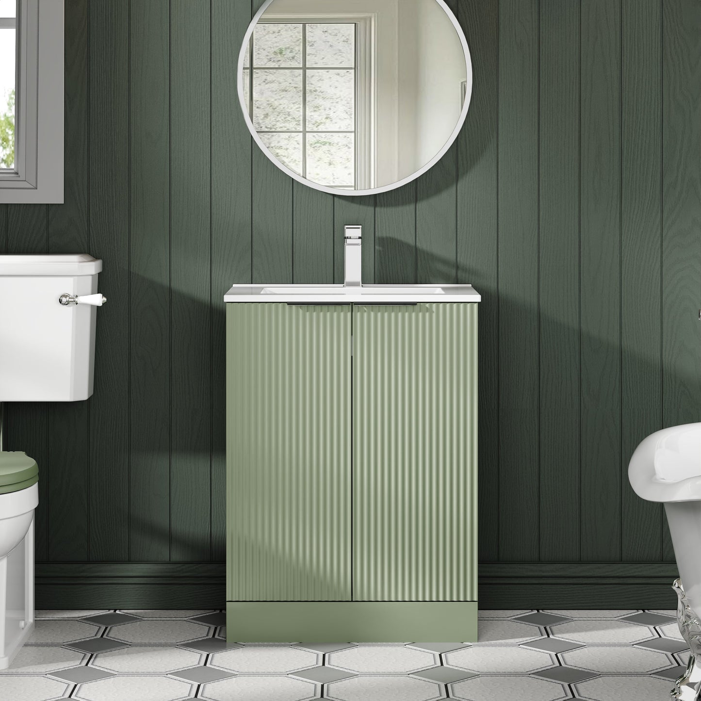 Hudson Reed Fluted 600mm Satin Green Floor Standing 2-Door Vanity Unit With Basin