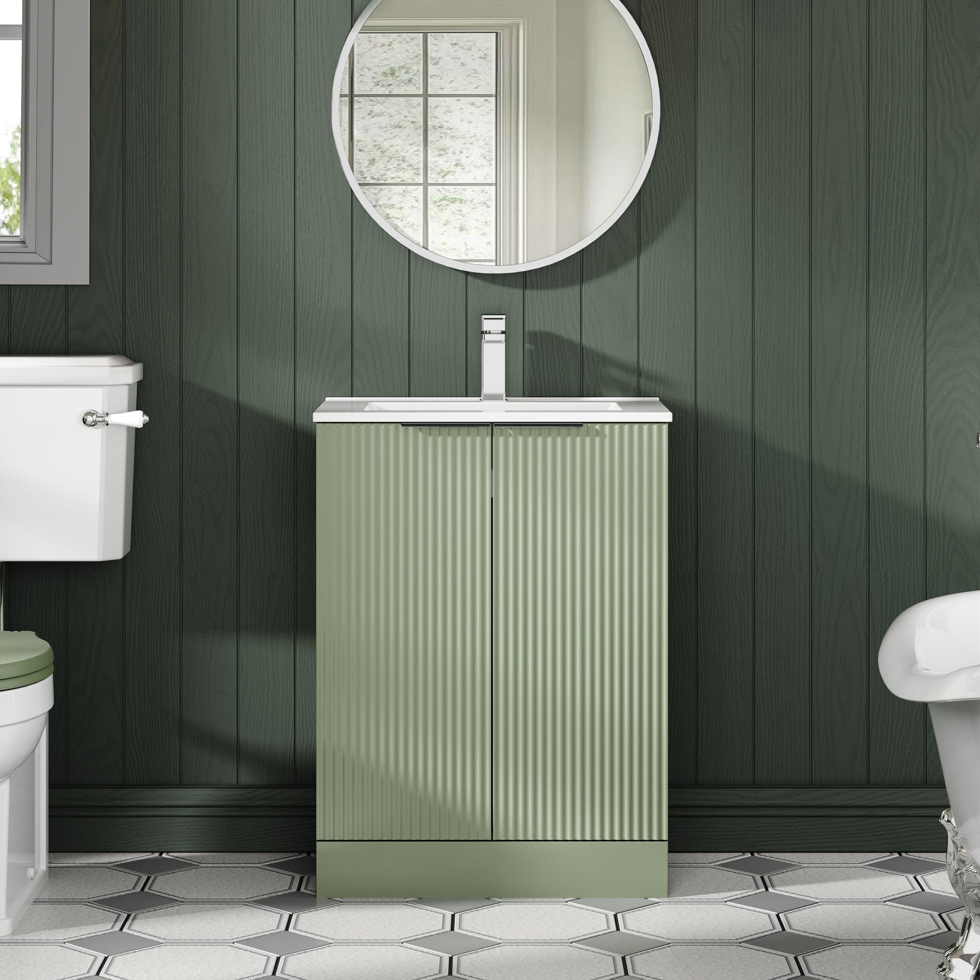 Hudson Reed Fluted 600mm Satin Green Floor Standing 2-Door Vanity Unit With Basin