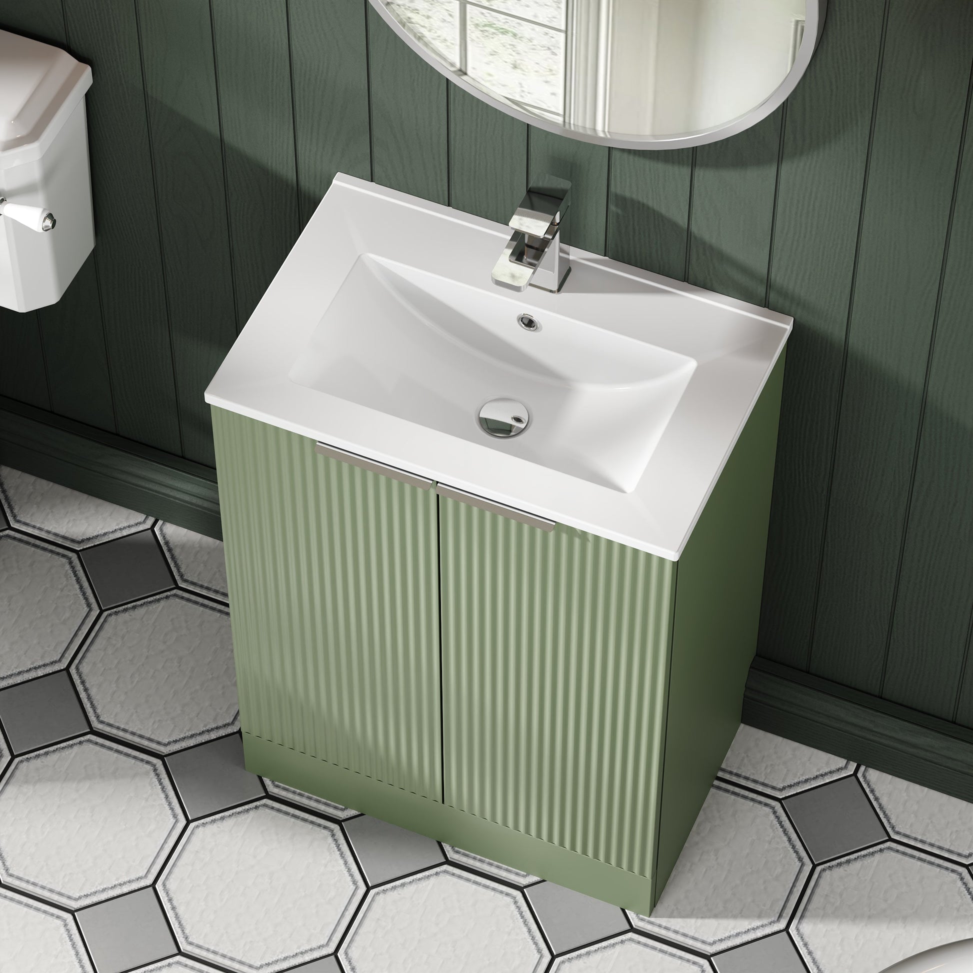 Hudson Reed Fluted 600mm Satin Green Floor Standing 2-Door Vanity Unit With Basin
