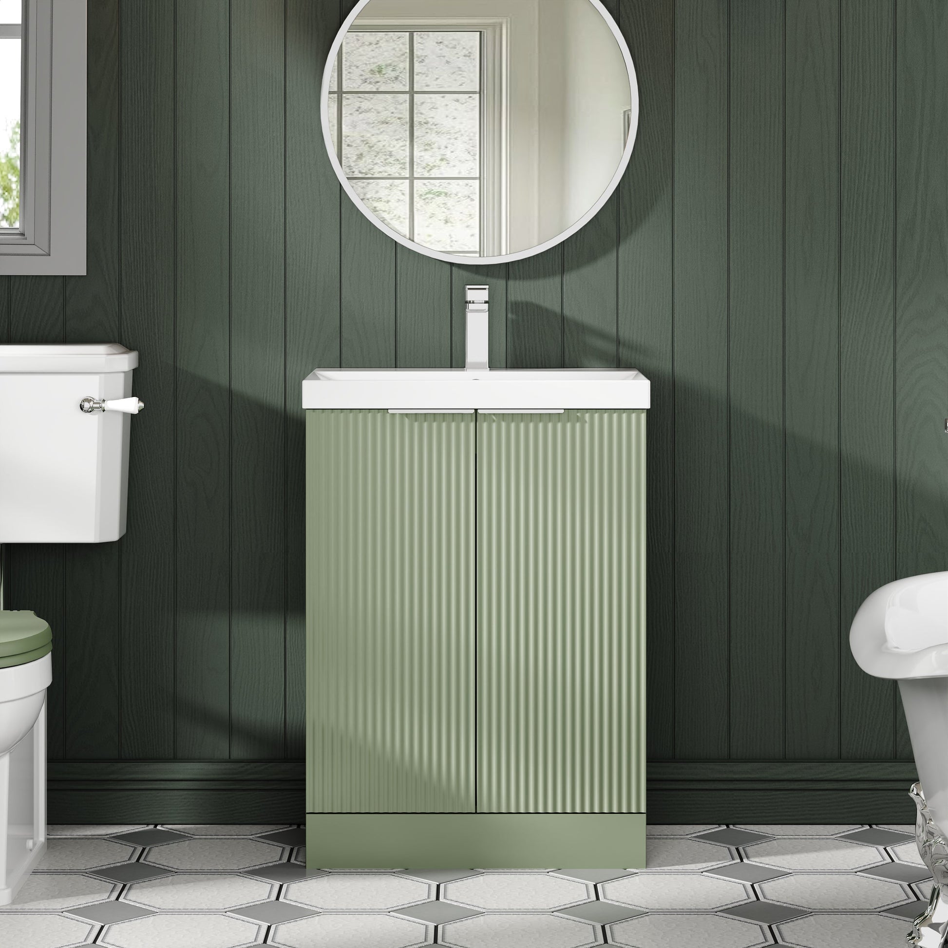 Hudson Reed Fluted 600mm Satin Green Floor Standing 2-Door Vanity Unit With Basin