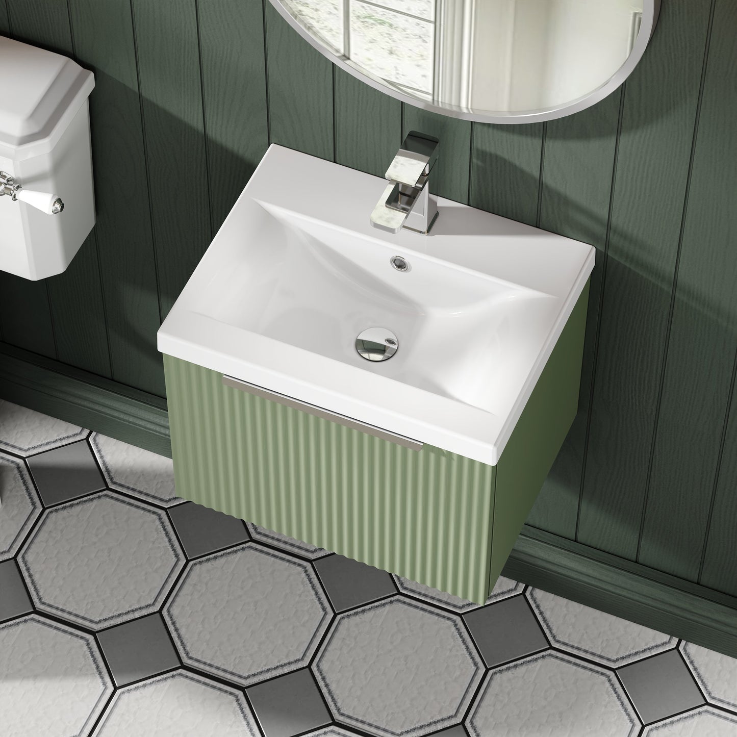 Hudson Reed Fluted 510mm Satin Green Wall Hung Single Drawer Vanity Unit With Basin