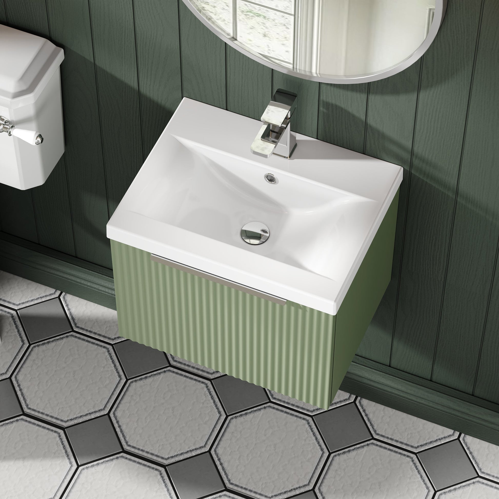 Hudson Reed Fluted 510mm Satin Green Wall Hung Single Drawer Vanity Unit With Basin