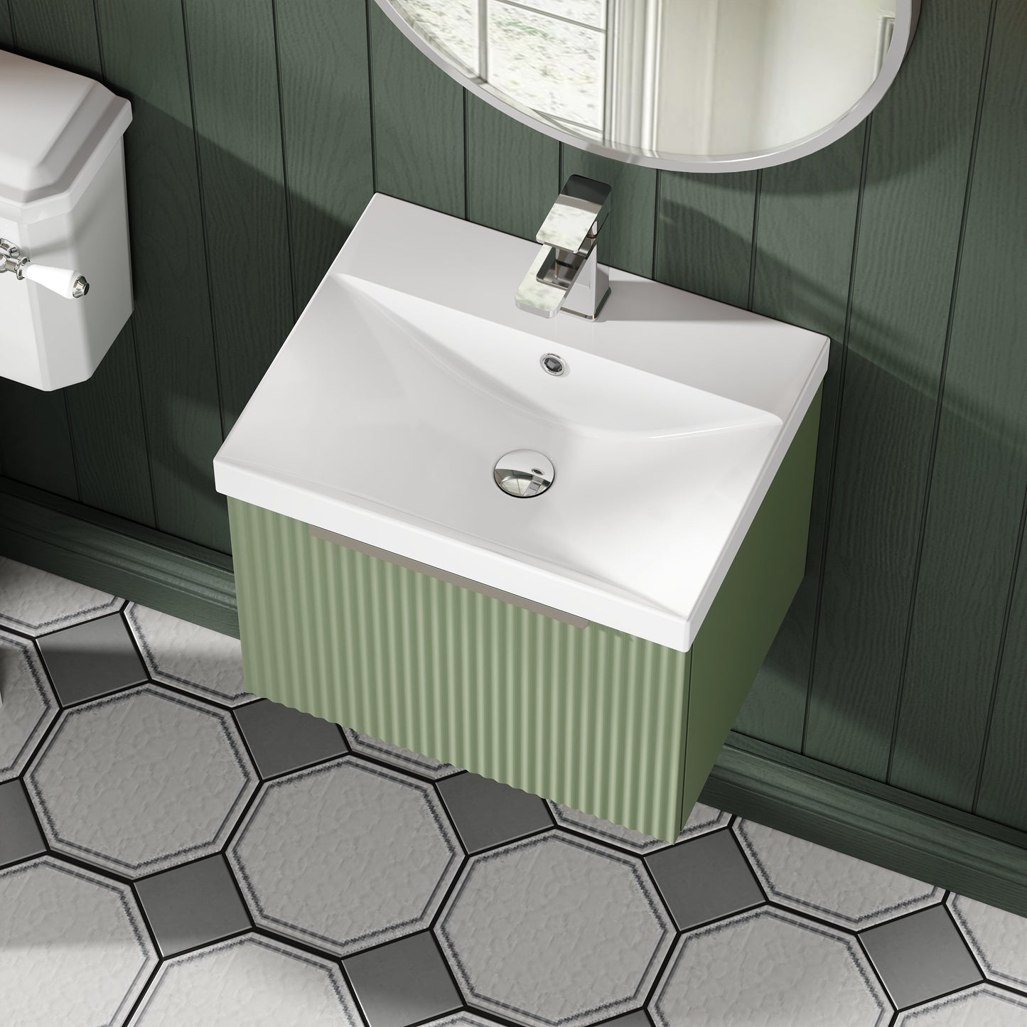 Hudson Reed Fluted 500mm Satin Green Wall Hung Single Drawer Vanity and Basin