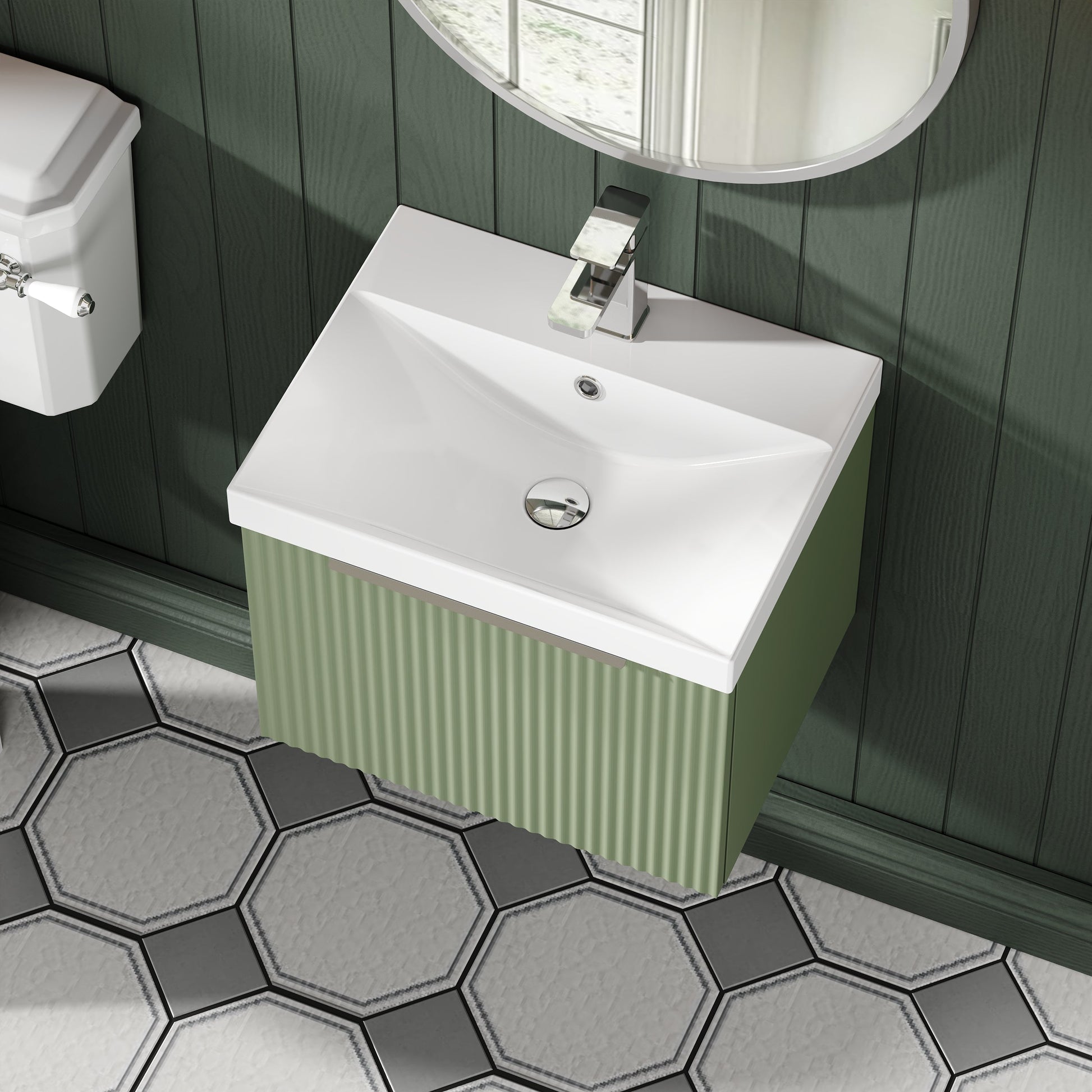 Hudson Reed Fluted 500mm Satin Green Wall Hung Single Drawer Vanity and Basin