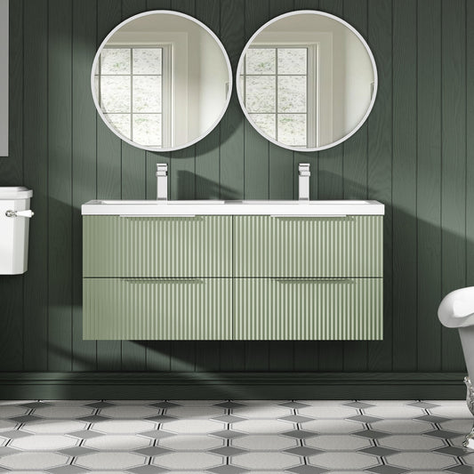 Hudson Reed Fluted 1200mm Satin Green Wall Hung 4-Drawer Vanity Unit with Polymarble Double Basin