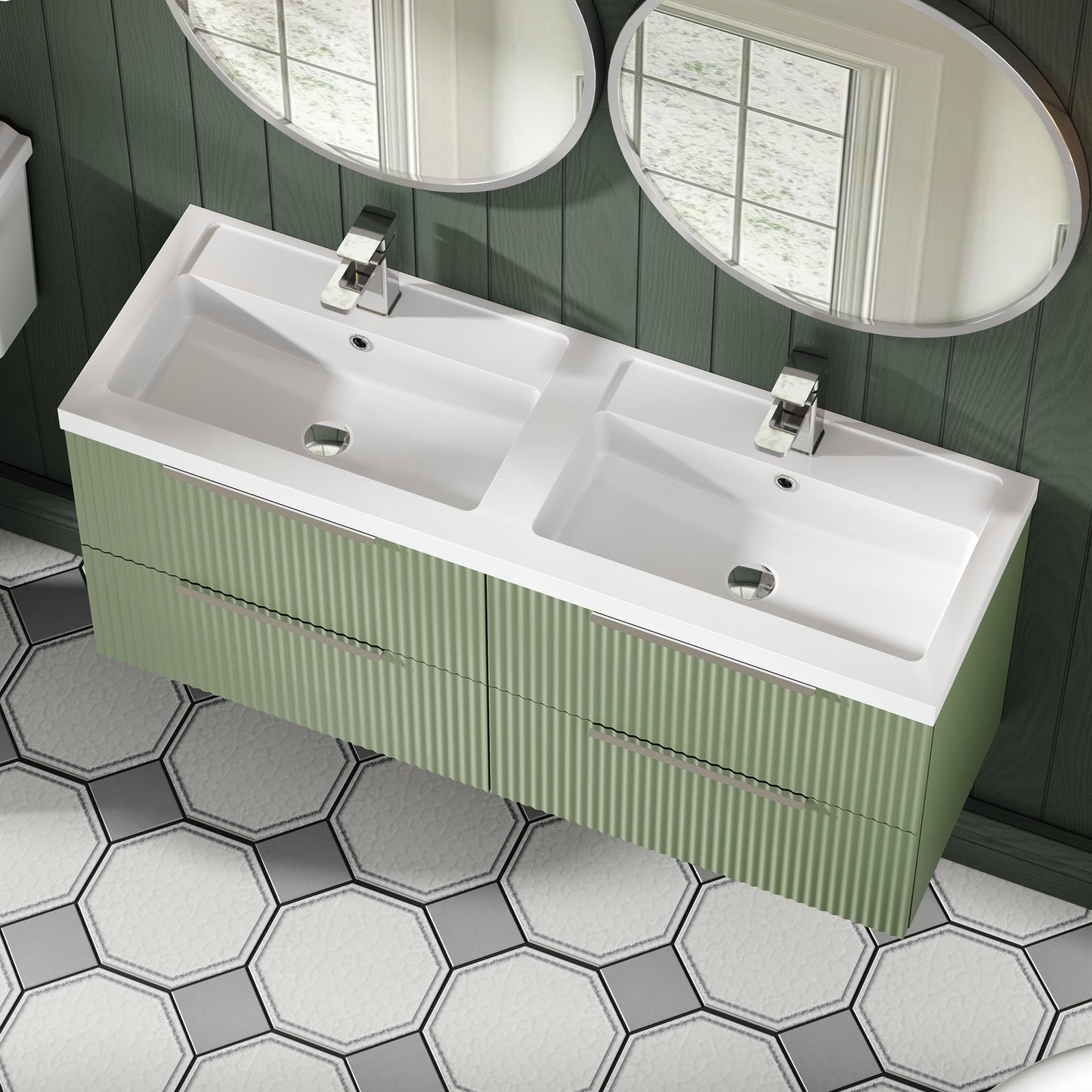 Hudson Reed Fluted 1200mm Satin Green Wall Hung 4-Drawer Vanity Unit with Polymarble Double Basin