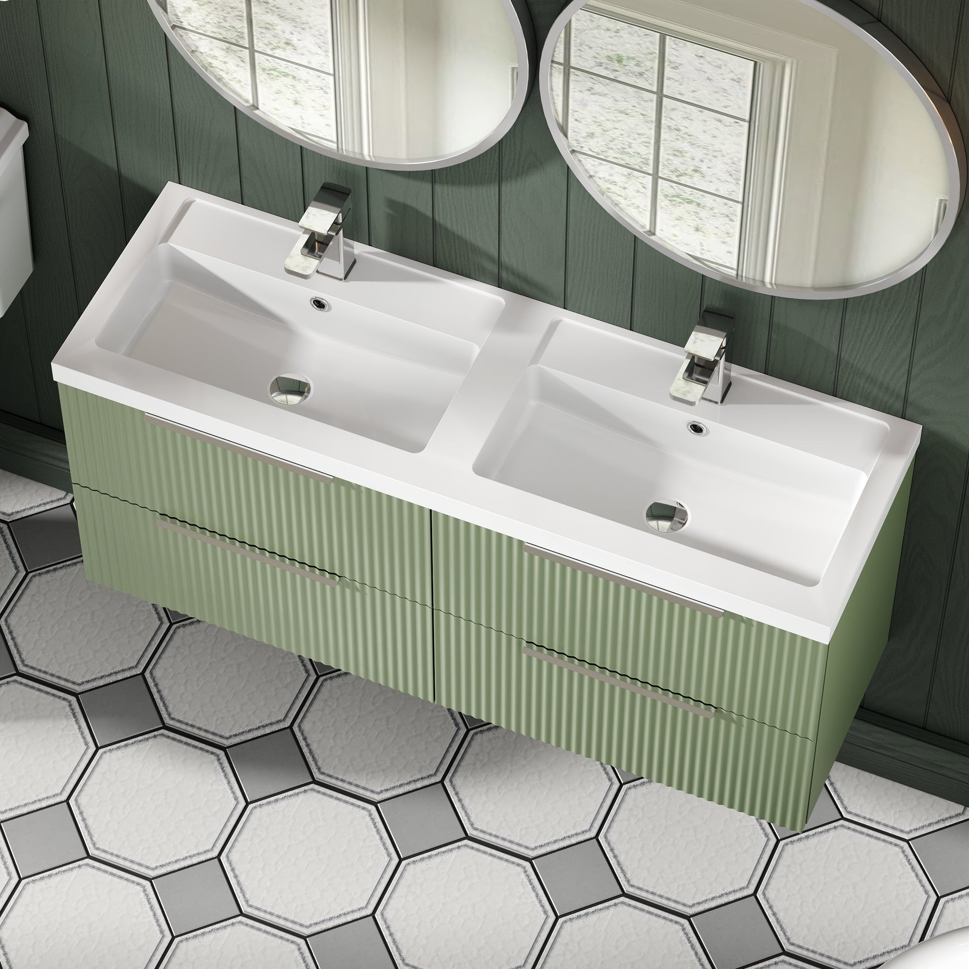 Hudson Reed Fluted 1200mm Satin Green Wall Hung 4-Drawer Vanity Unit with Polymarble Double Basin